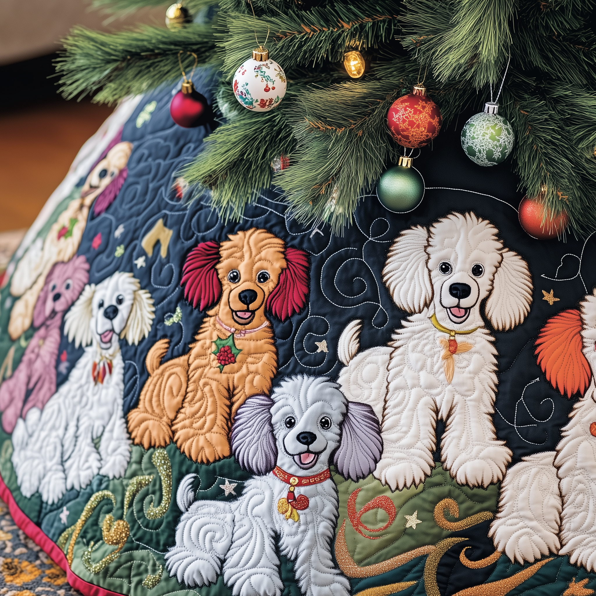 Christmas Colorful Poodle Quilted Tree Skirt Thoughtful Gift Merch For Dad