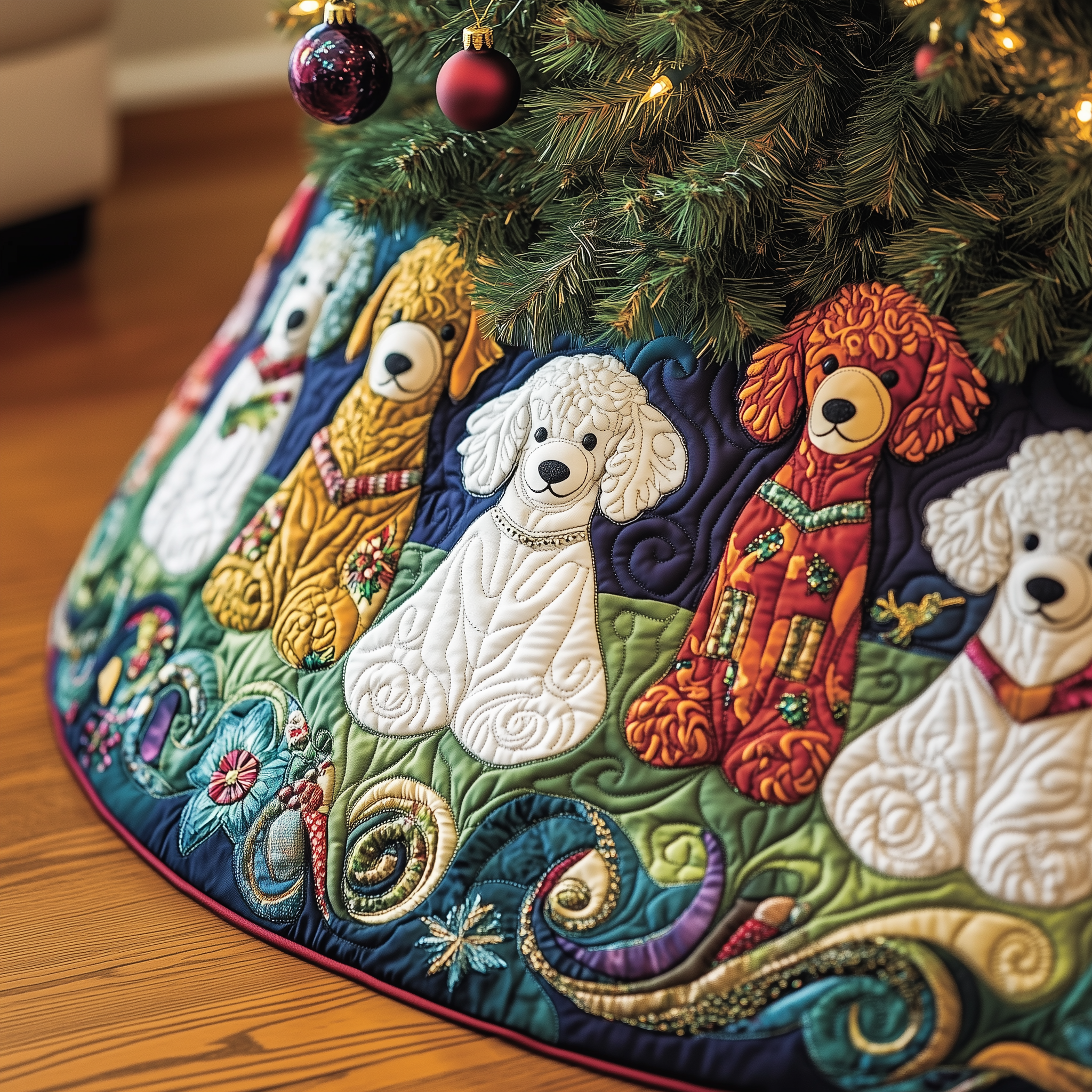 Christmas Colorful Poodle Quilted Tree Skirt Unique Gift Merch For Friends