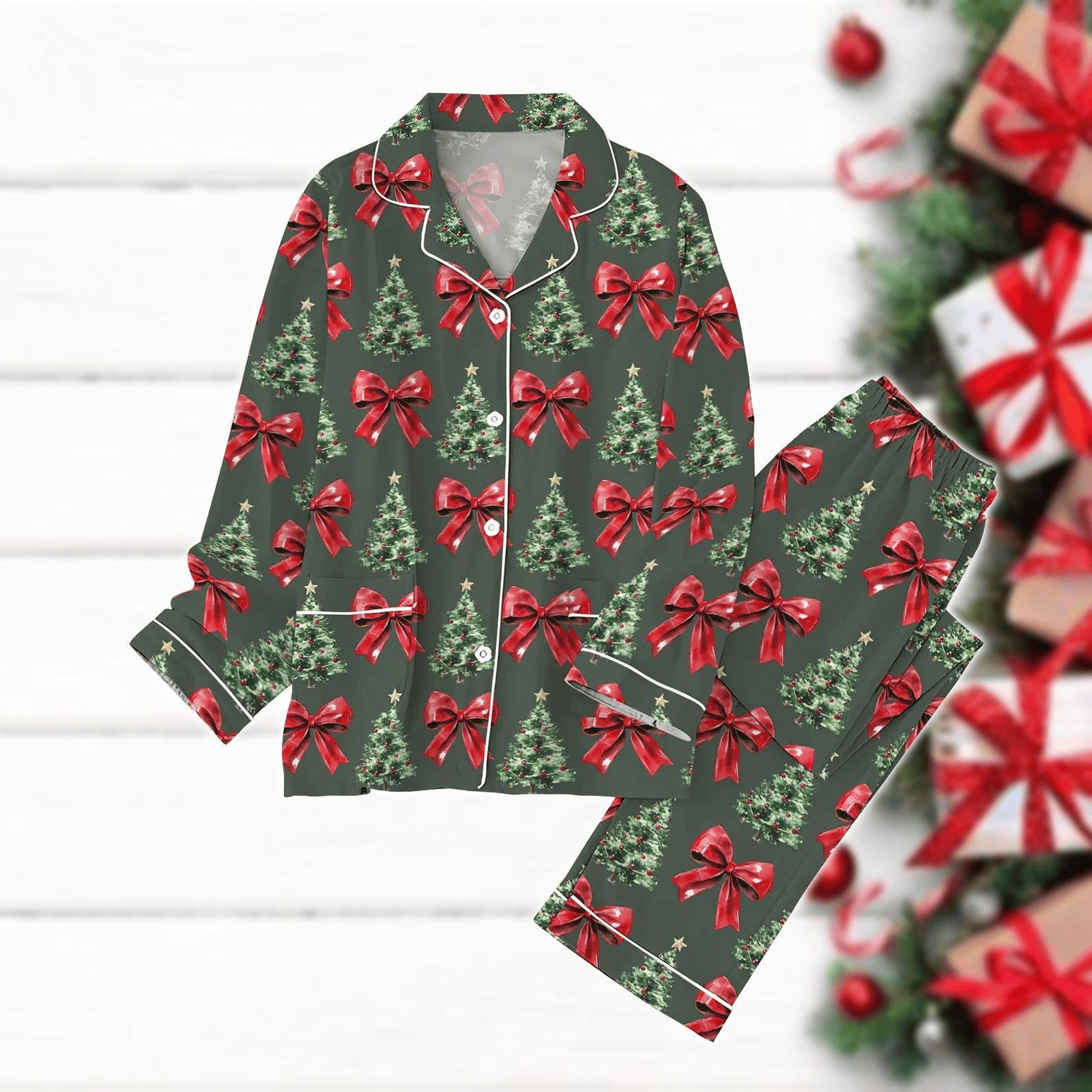 Christmas Coquette Bow Pajamas Set Christmas Tree Holiday Pajamas Sweet Xmas Gift