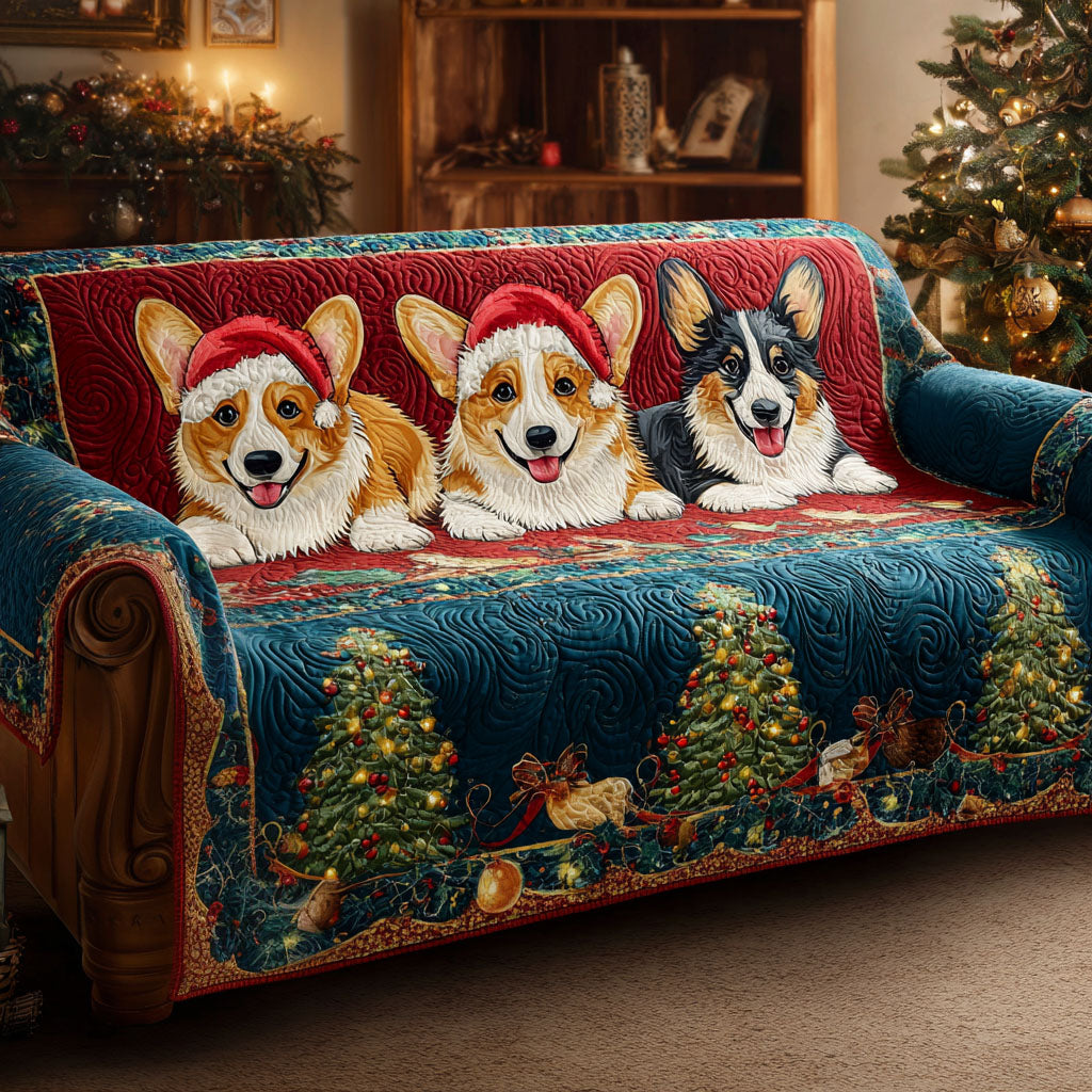 Christmas Corgi Lane Quilted Sofa Cover Winter Living Room Decor Presents For Dog Owners