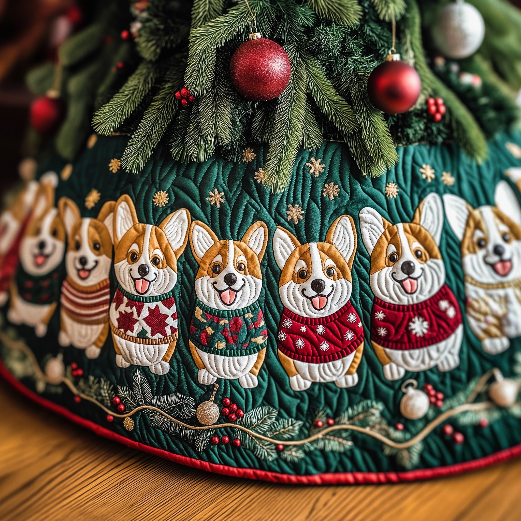 Christmas Corgi Quilted Tree Skirt Cozy Home Decor Gift Merch