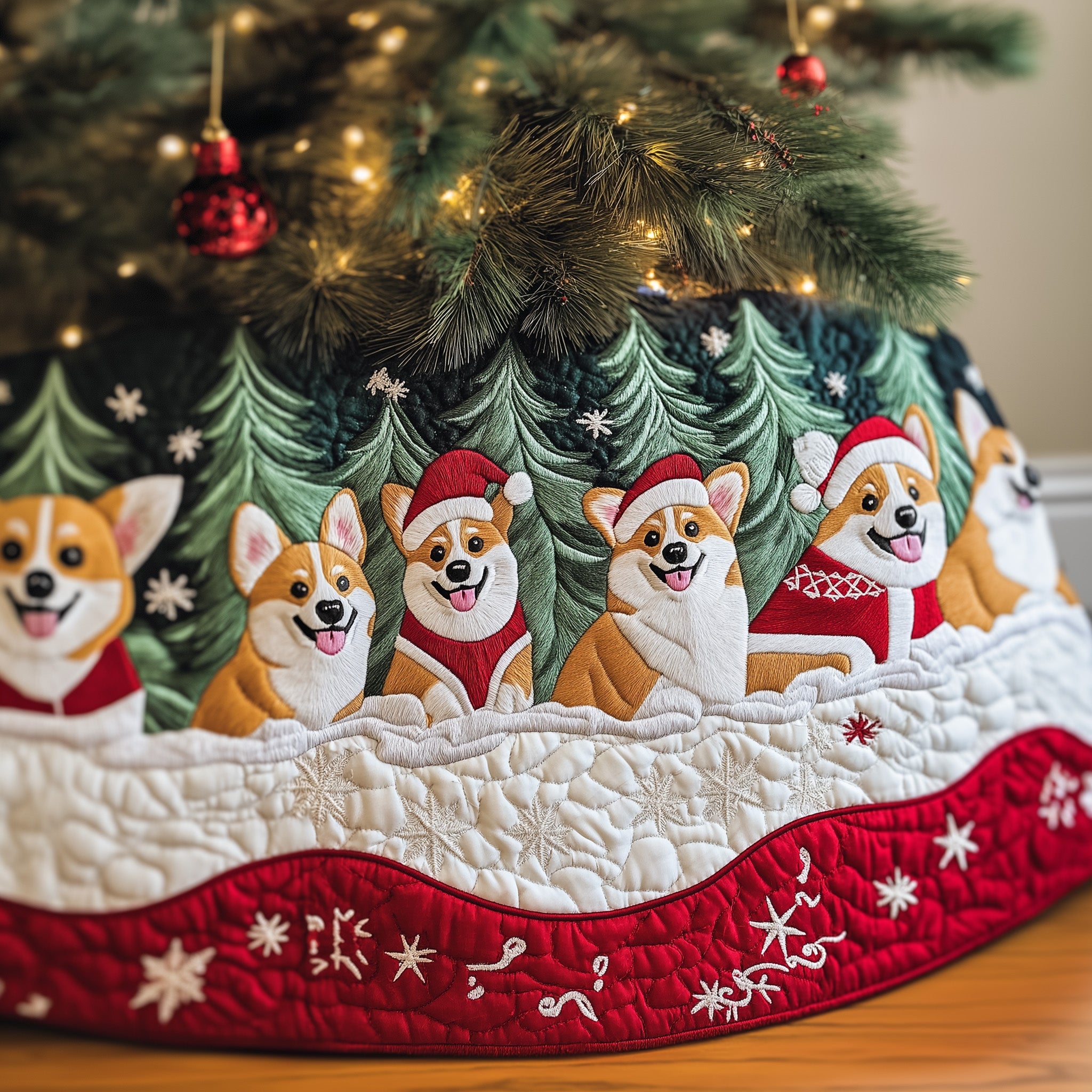 Christmas Corgi Quilted Tree Skirt Festive Living Room Merch