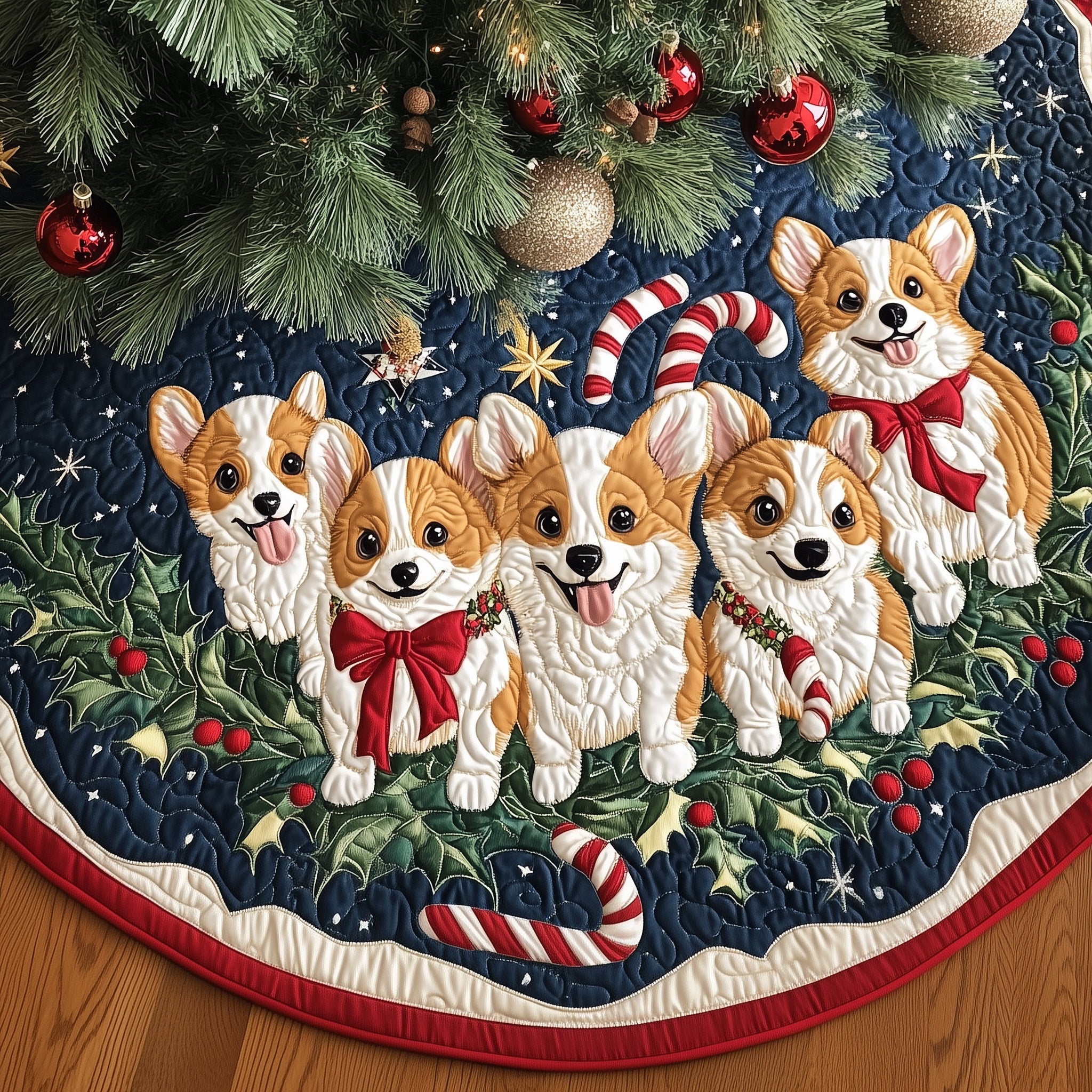 Christmas Corgi Quilted Tree Skirt Magical Christmas Spirit Merch