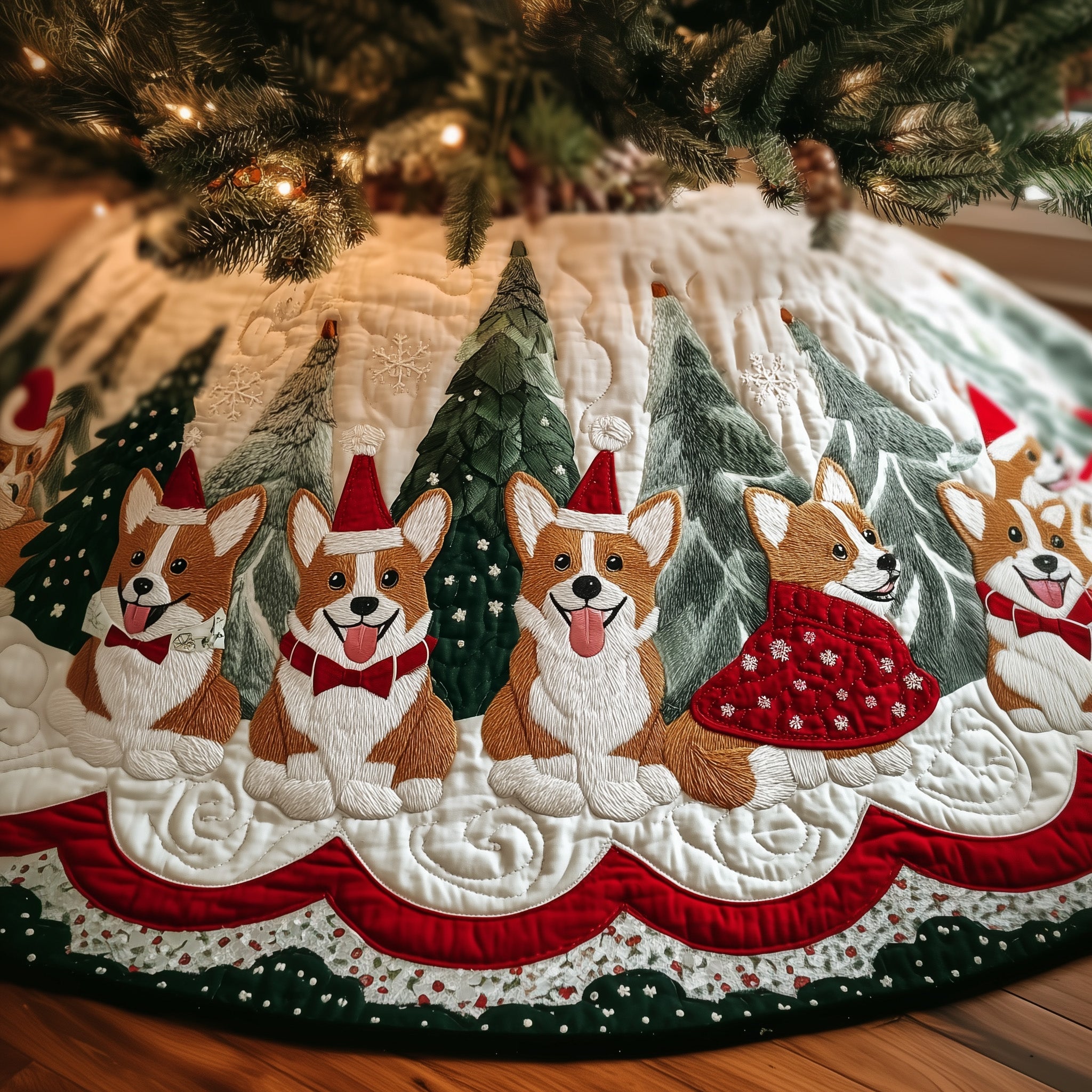Christmas Corgi Quilted Tree Skirt Warm Gift Merch For Family