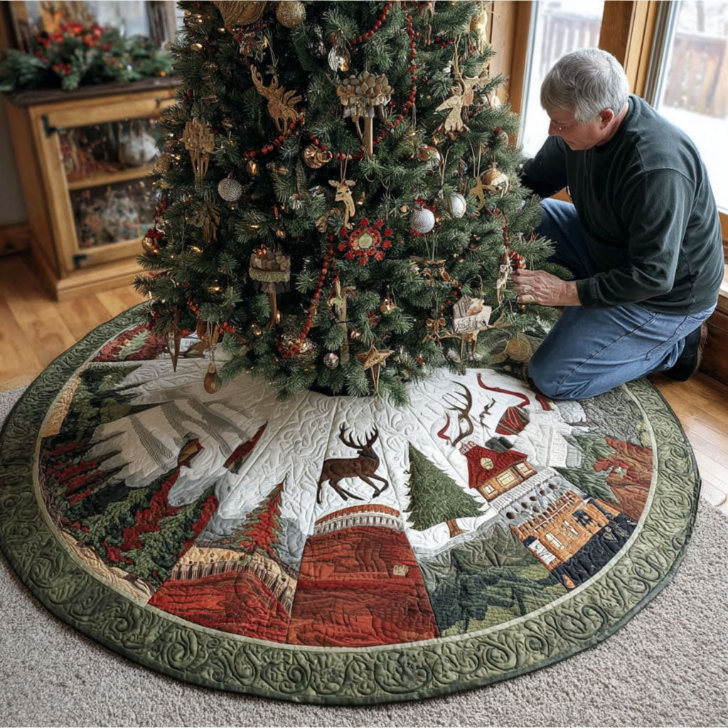 Christmas Cottage Town Christmas Quilted Tree Skirt Holiday Decorations Indoor Xmas Gifts For Family