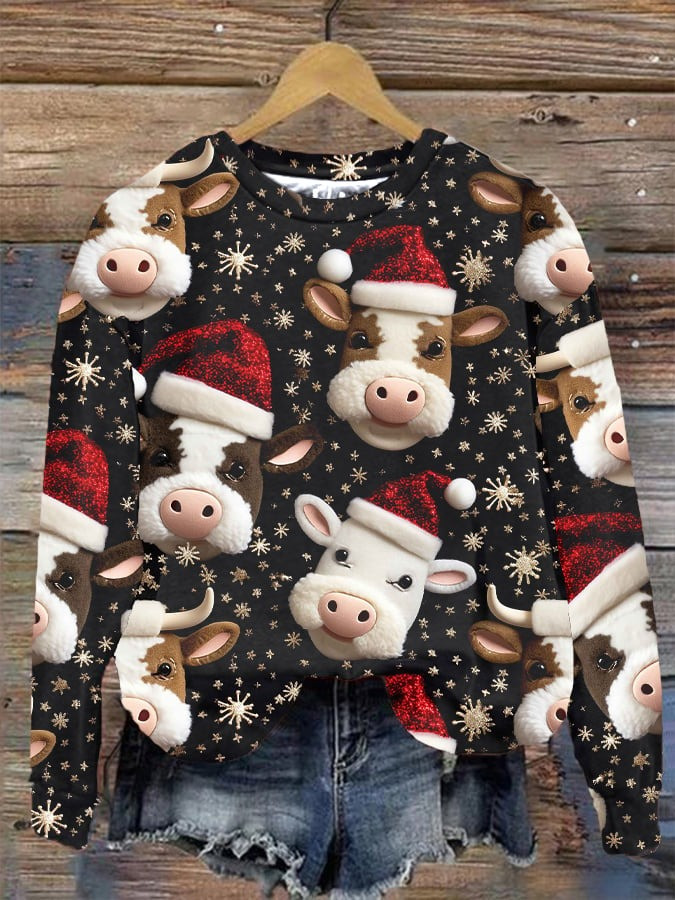 Christmas Cow Wearing Santa Hat Sweatshirt Snowflake Cute Clothing Cow Themed Christmas Gifts