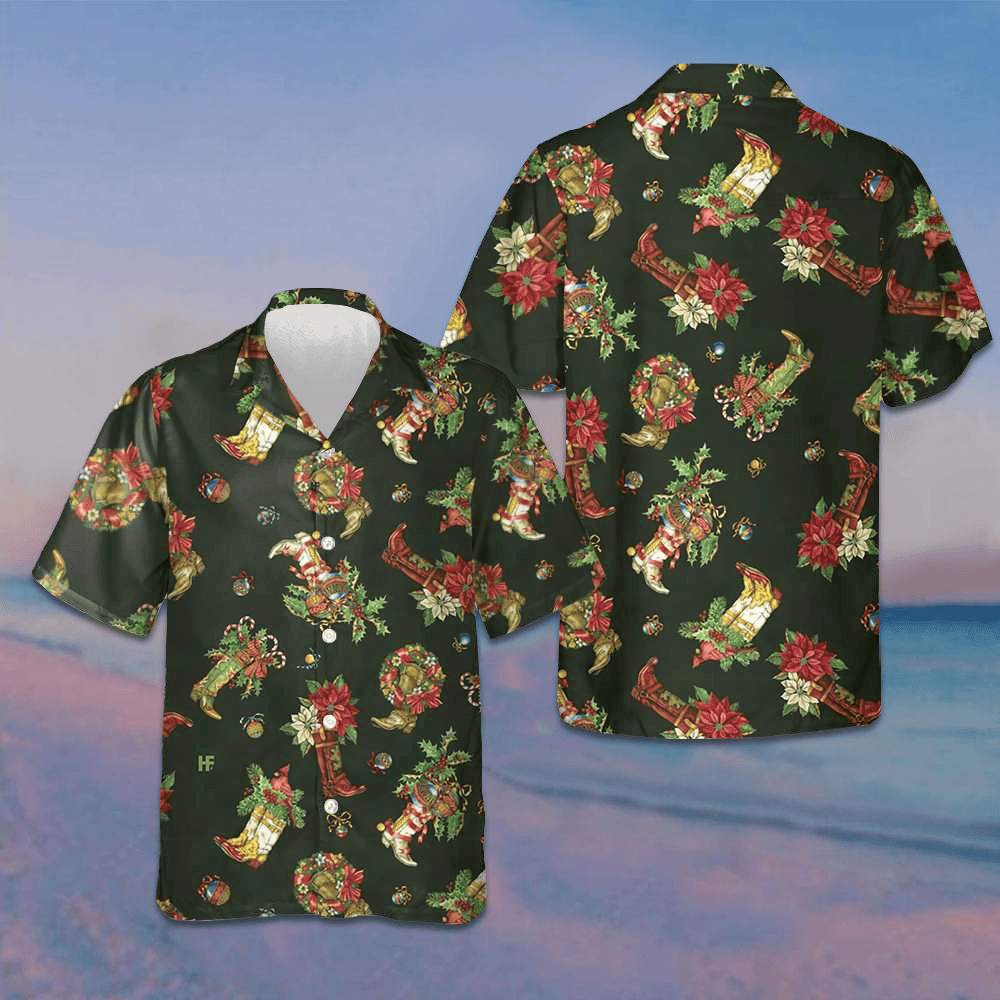 Christmas Cowboy Boots Hawaiian Shirt Short Sleeve Button Up Gifts For Christmas Day Christmas Cowboy Boots Hawaiian Shirt Short Sleeve Button Up Gifts For Christmas Day
