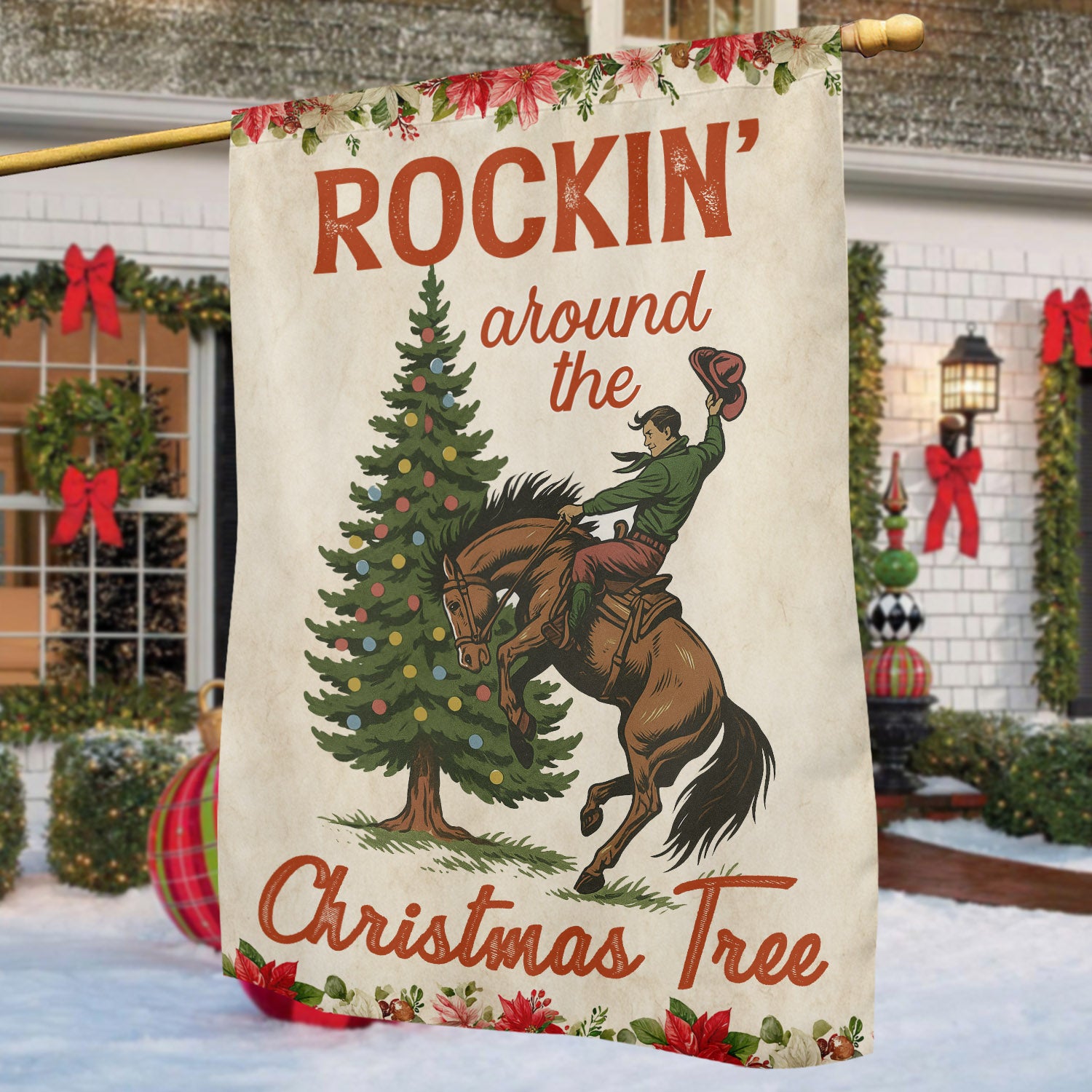 Christmas Cowboy Garden Flag Rockin Around The Christmas Tree Yard Flag Xmas Gift For Cowboys