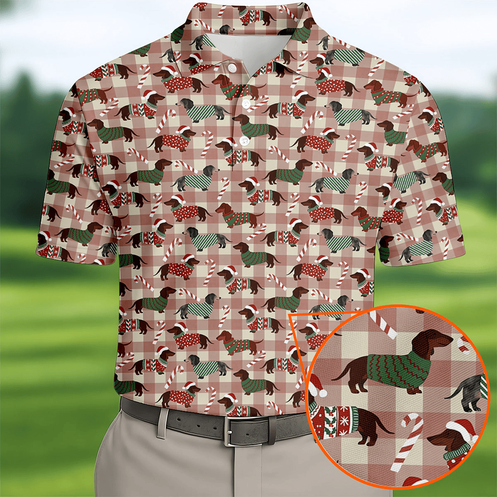 Christmas Dachshund Pink Checkered Golf Tops For Men Christmas Golf Shirt Polo Shirts For Men