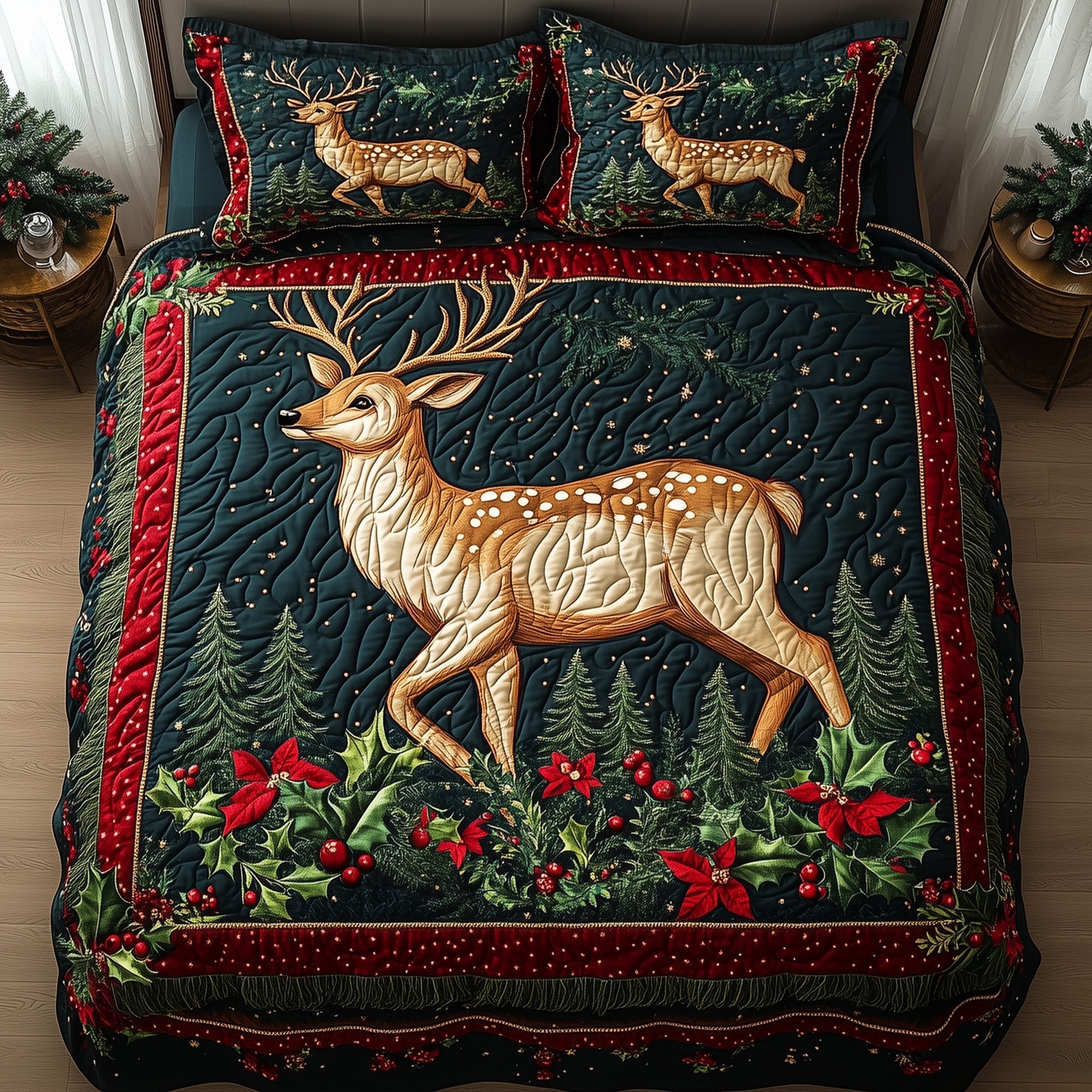 Christmas Deer Quilted Bedding Set Duvet Cover Bedspread Best Xmas Gifts For Men