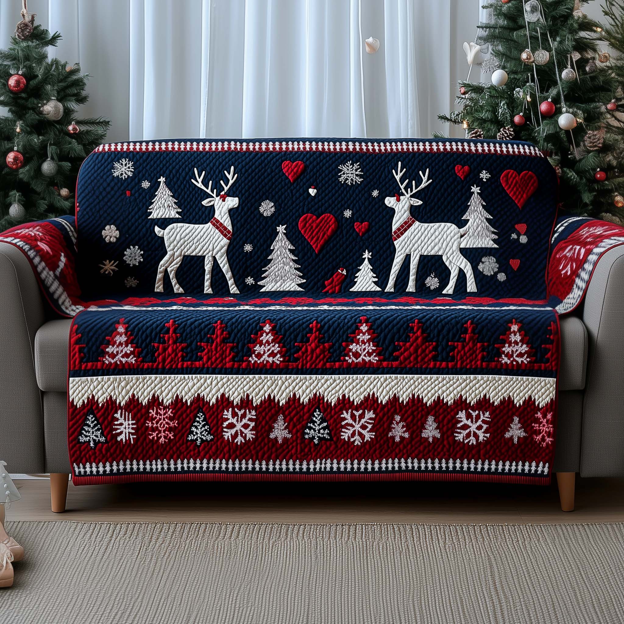 Christmas Deer Quilted Sofa Cover Yuletide Fabric Block Motif Deer Themed Gifts For Him