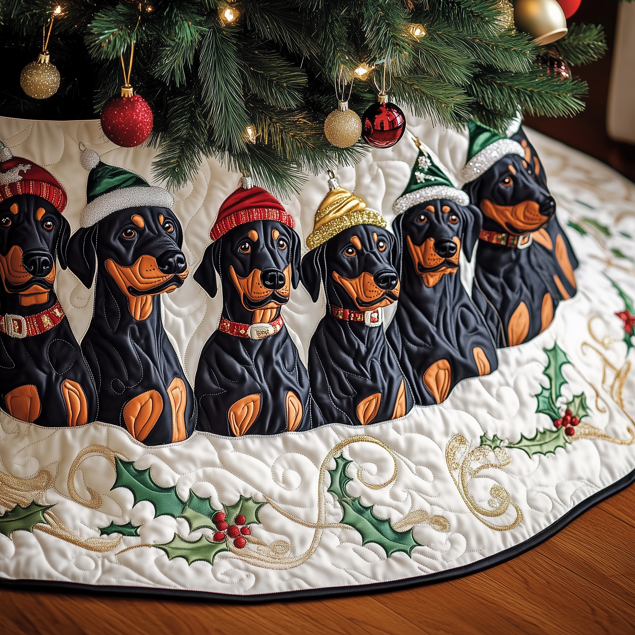 Christmas Doberman Quilted Tree Skirt Cozy Tree Skirt For Holiday Decor