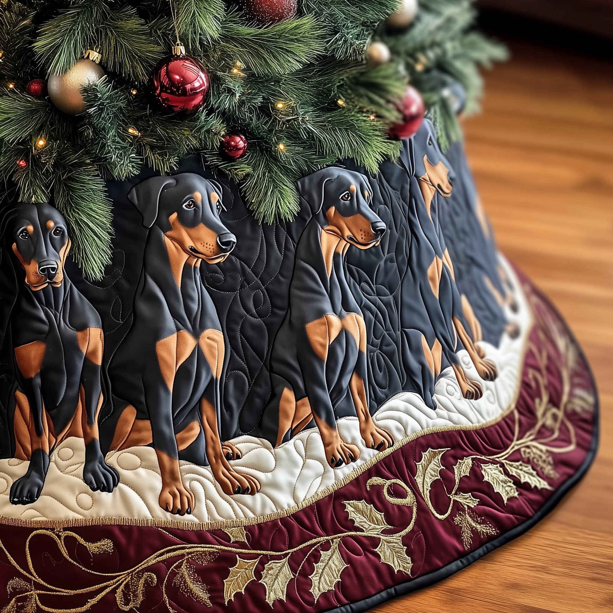 Christmas Doberman Quilted Tree Skirt Joyful Home Merch Collection