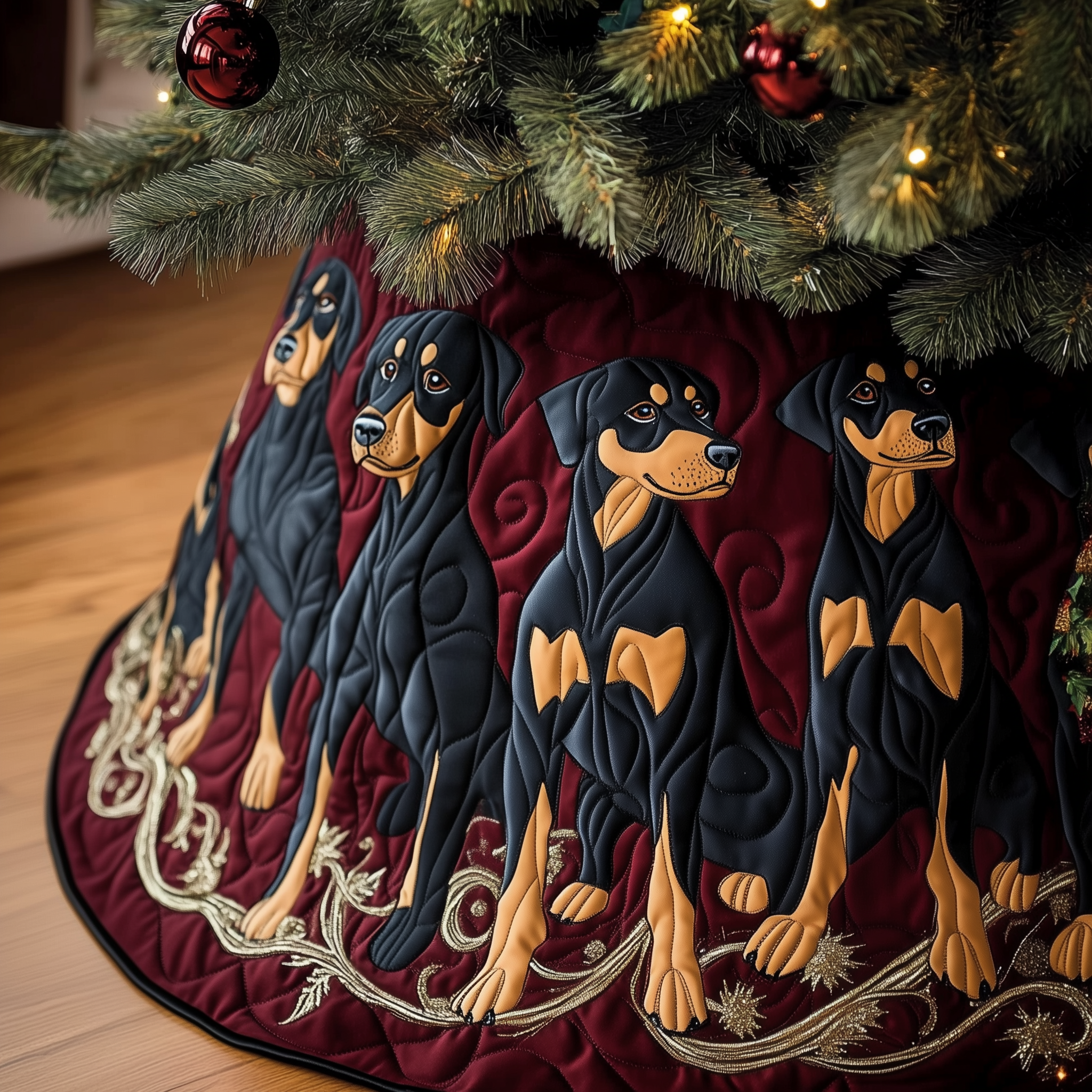 Christmas Doberman Quilted Tree Skirt Stylish Holiday Decor Gift Merch