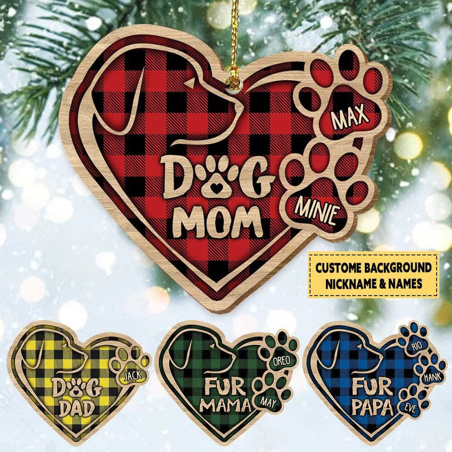 Christmas Dog Mom Heart Plaid Pattern Wood Ornament for Dog Mom Gifts