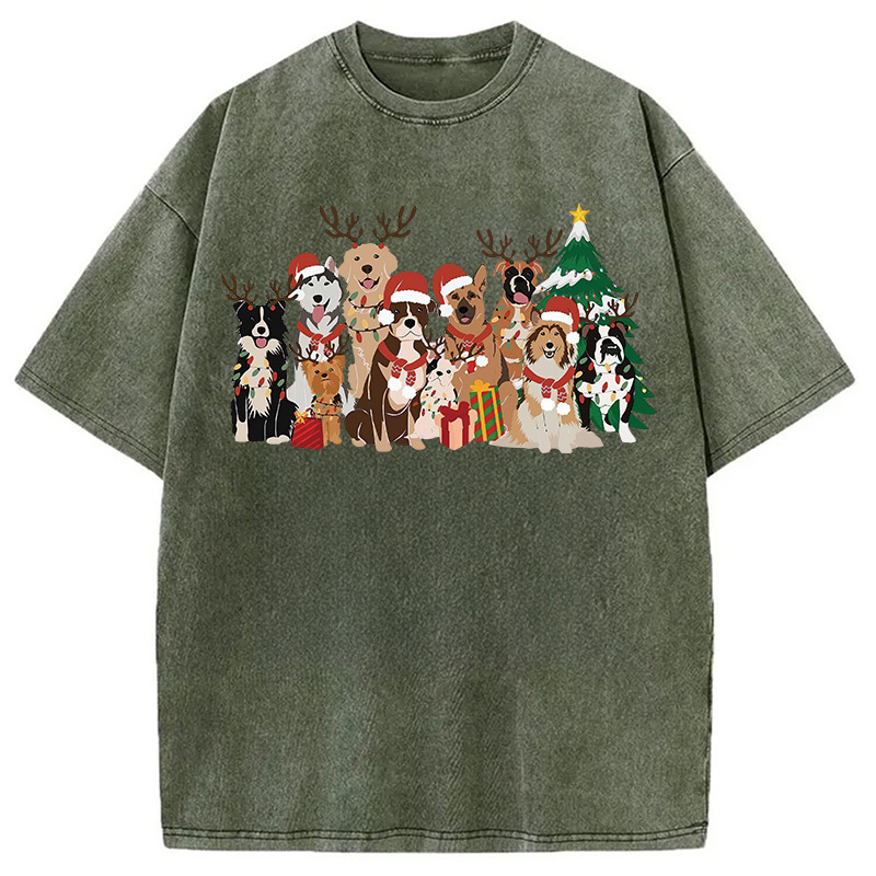 Christmas Dogs Washed T-Shirt Retro Humor Graphic Top Gifts For Friends