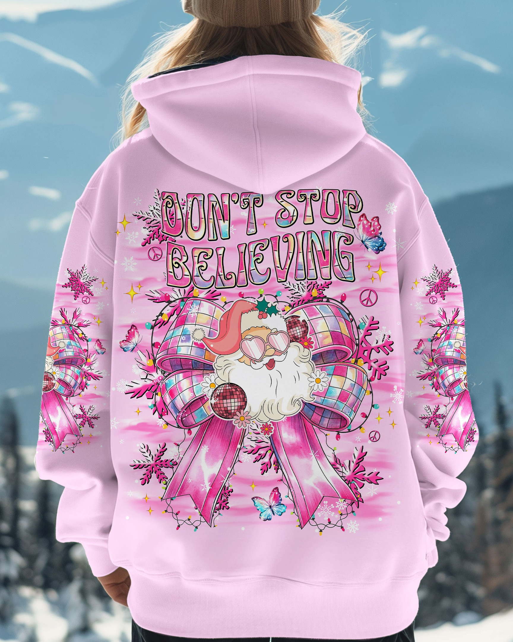 Christmas Don't Stop Believing Hoodie Santa And Bow Clothing Cute Xmas Gifts For Her