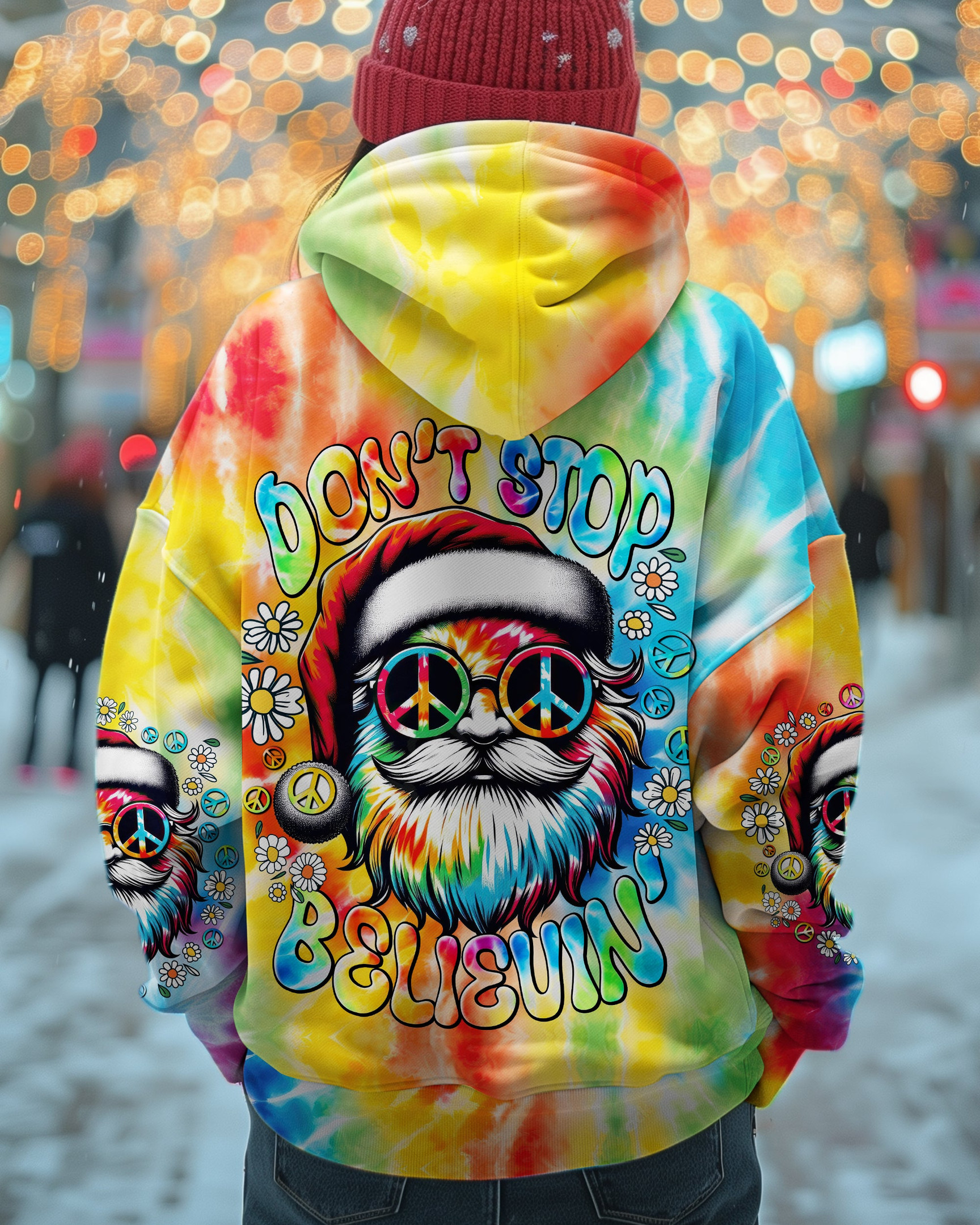Christmas Don't Stop Believing Tie Dye Hoodie Hippie Apparel Funny Xmas Gifts For Santa Lovers