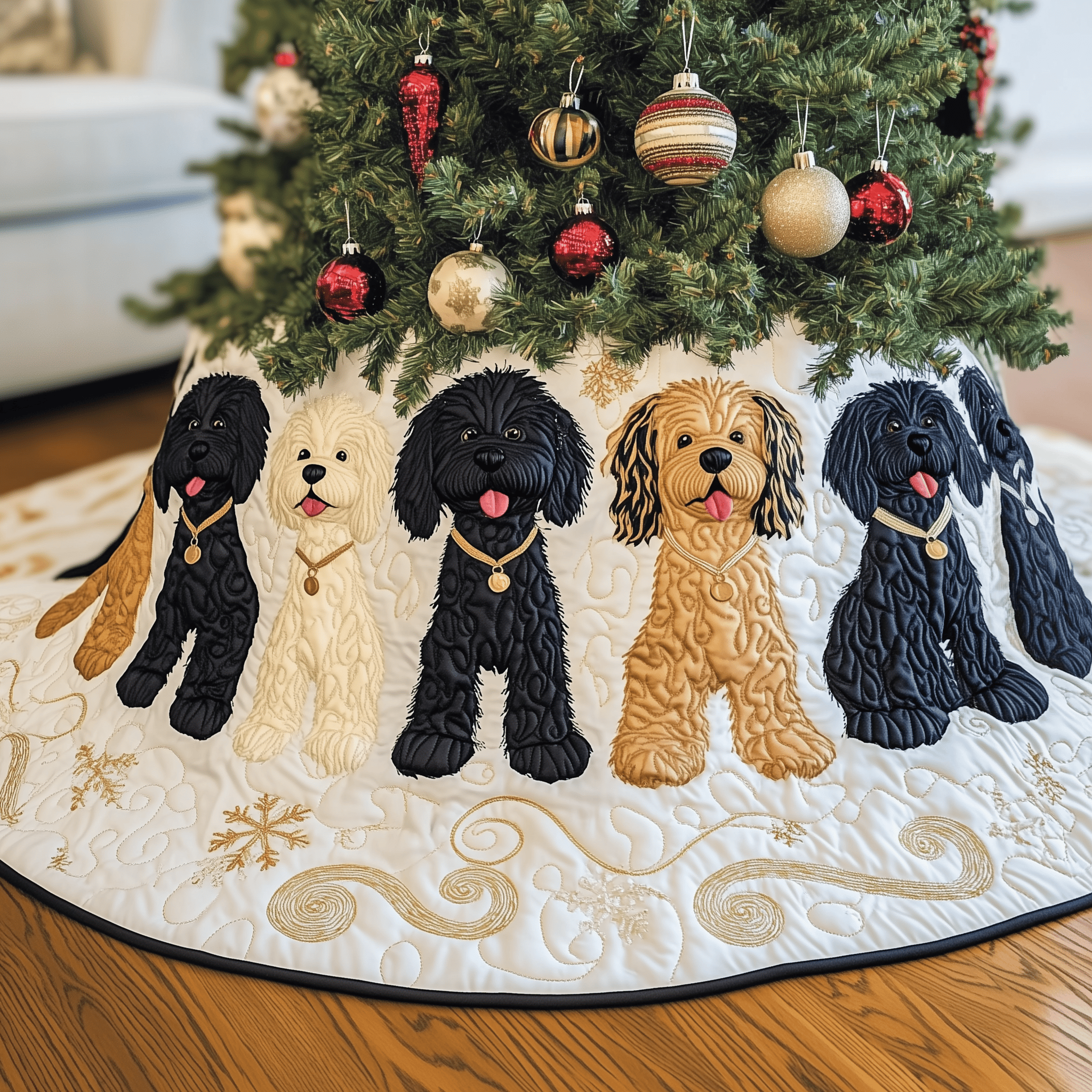 Christmas Doodle Dog Quilted Tree Skirt Cute Cute Themed Christmas Trees Christmas Presents For Family Friends
