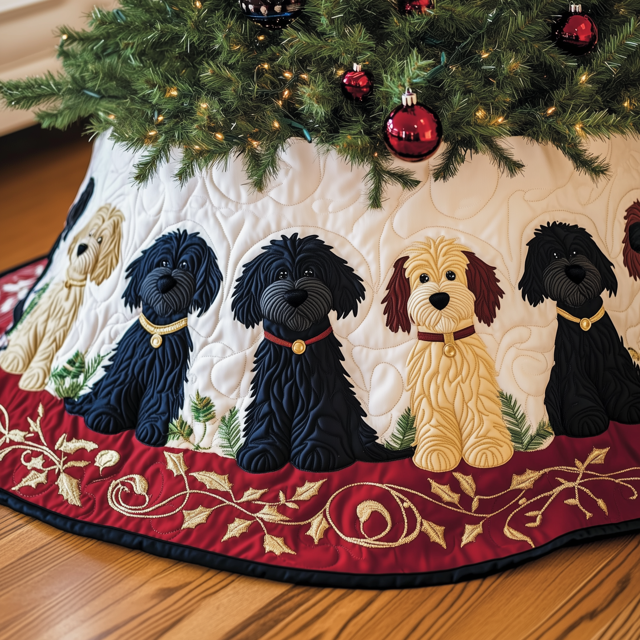 Christmas Doodle Dog Quilted Tree Skirt Elegant Christmas Tree Decor Merch