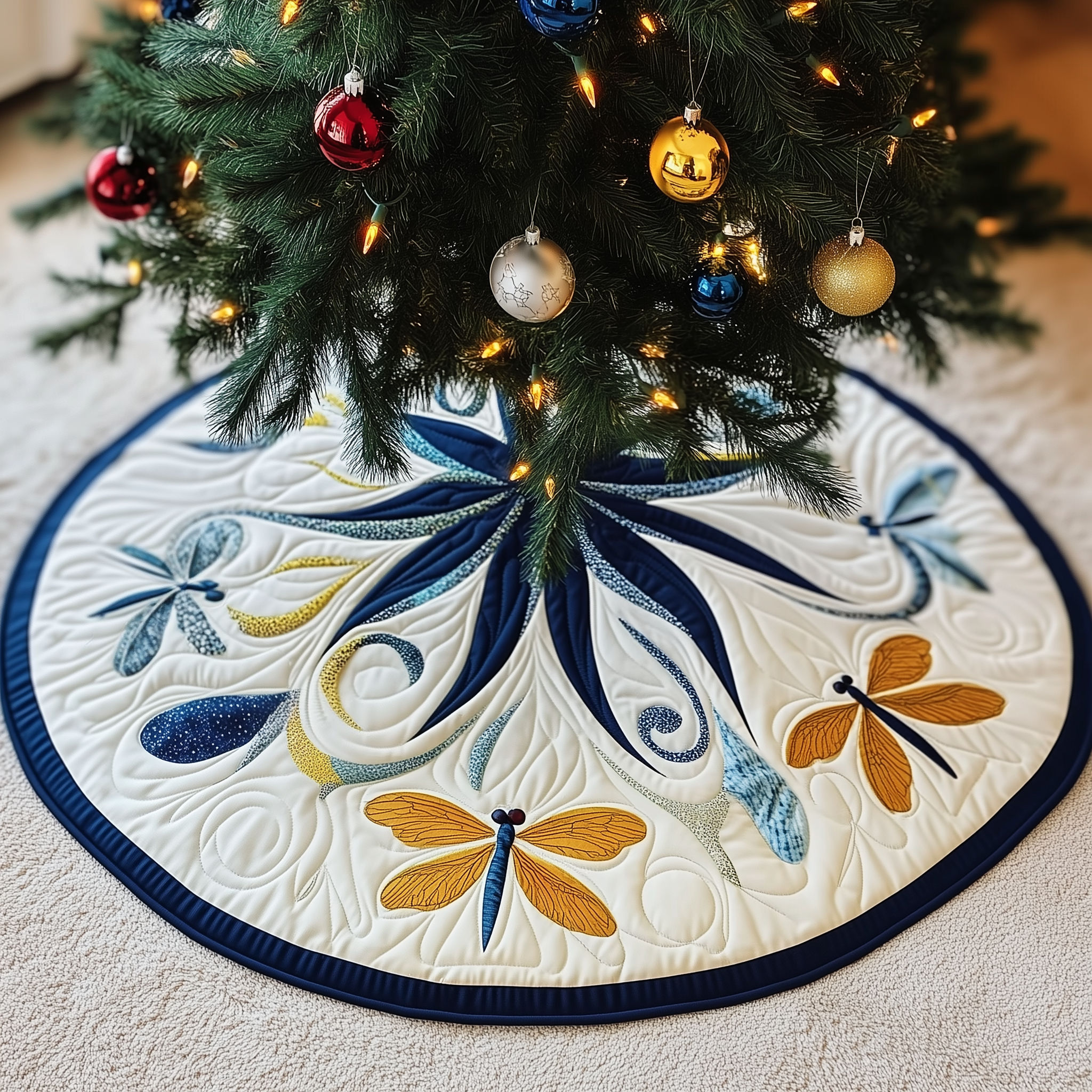 Christmas Dragonfly Quilted Tree Skirt Xmas Tree Base Cover Decorations Christmas Dragonfly Gift Items