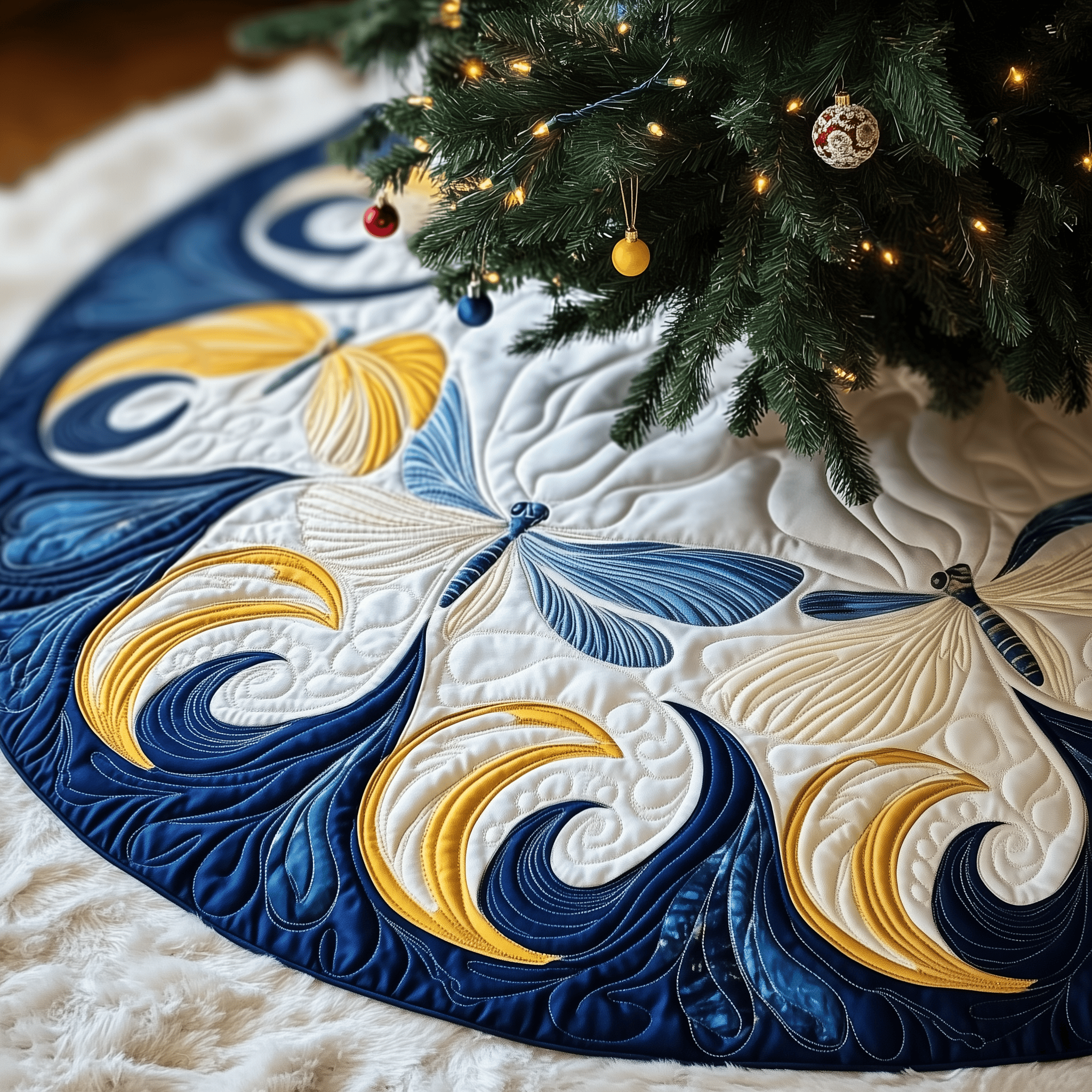 Christmas Dragonfly Quilted Tree Skirt Xmas Tree Base Cover Decorations Christmas Dragonfly Gift Items