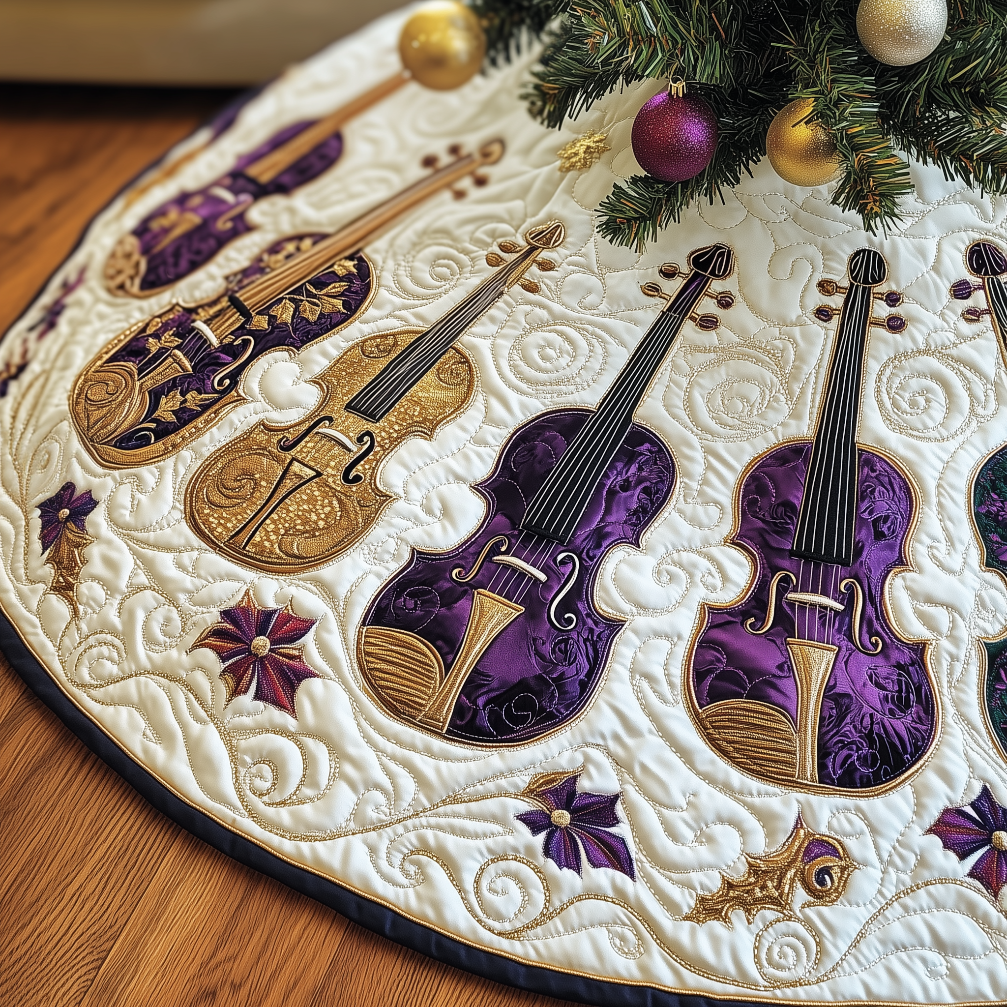 Christmas Elegant Violin Quilted Tree Skirt Joyful Holiday Season Gift Merch