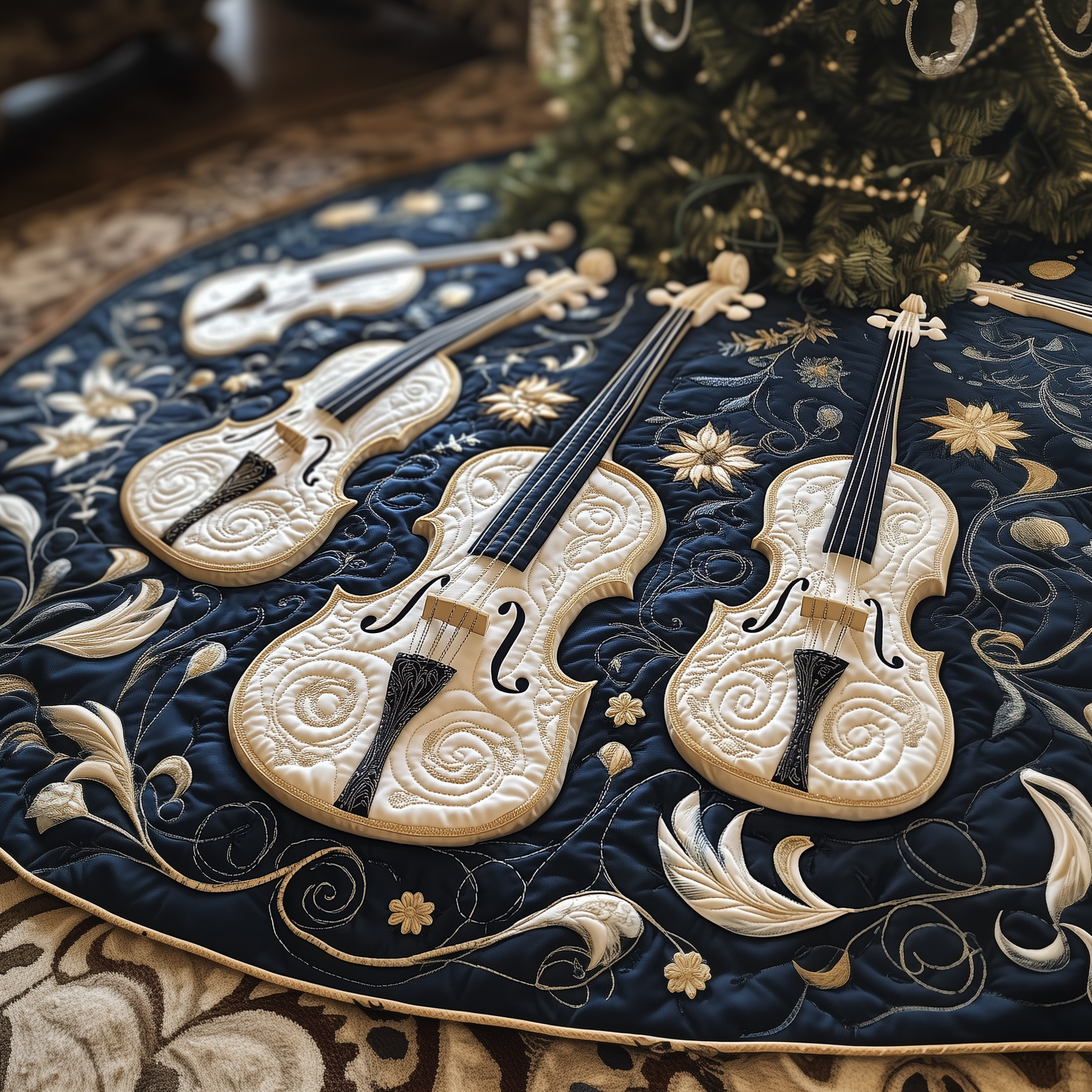 Christmas Elegant Violin Quilted Tree Skirt Meaningful Anniversary Gift Merch