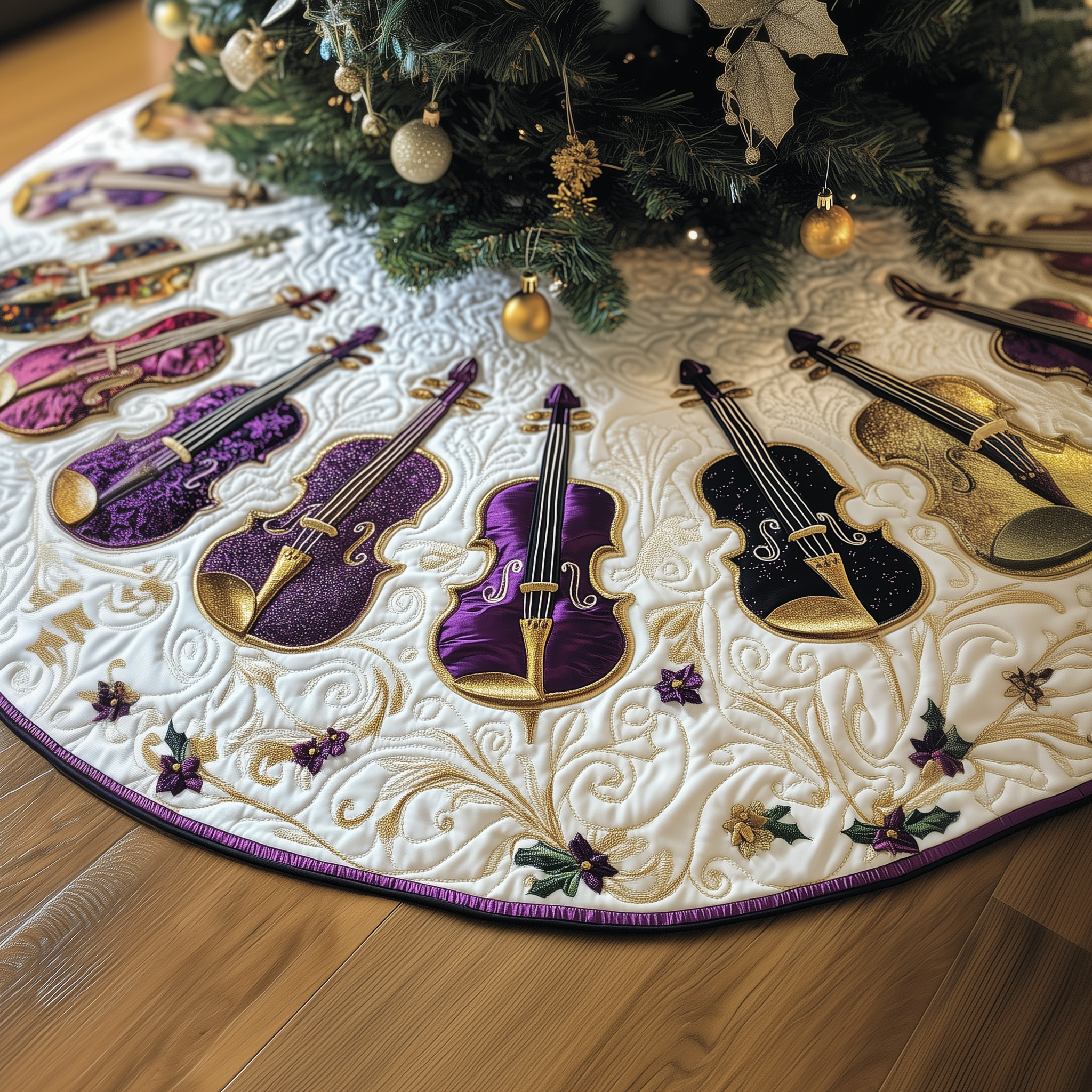 Christmas Elegant Violin Quilted Tree Skirt Perfect Gift Merch For Her