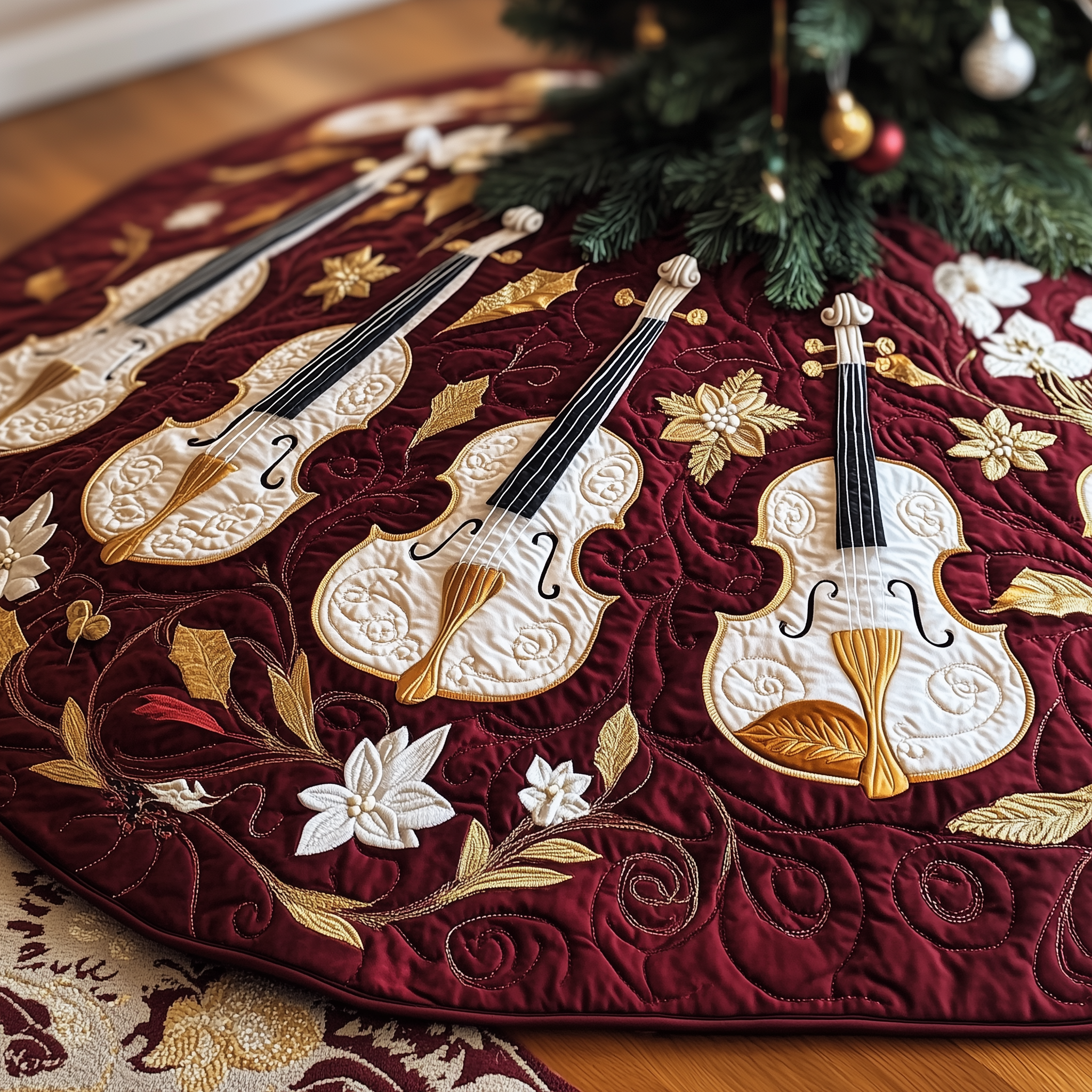 Christmas Elegant Violin Quilted Tree Skirt Special Birthday Gift Merch