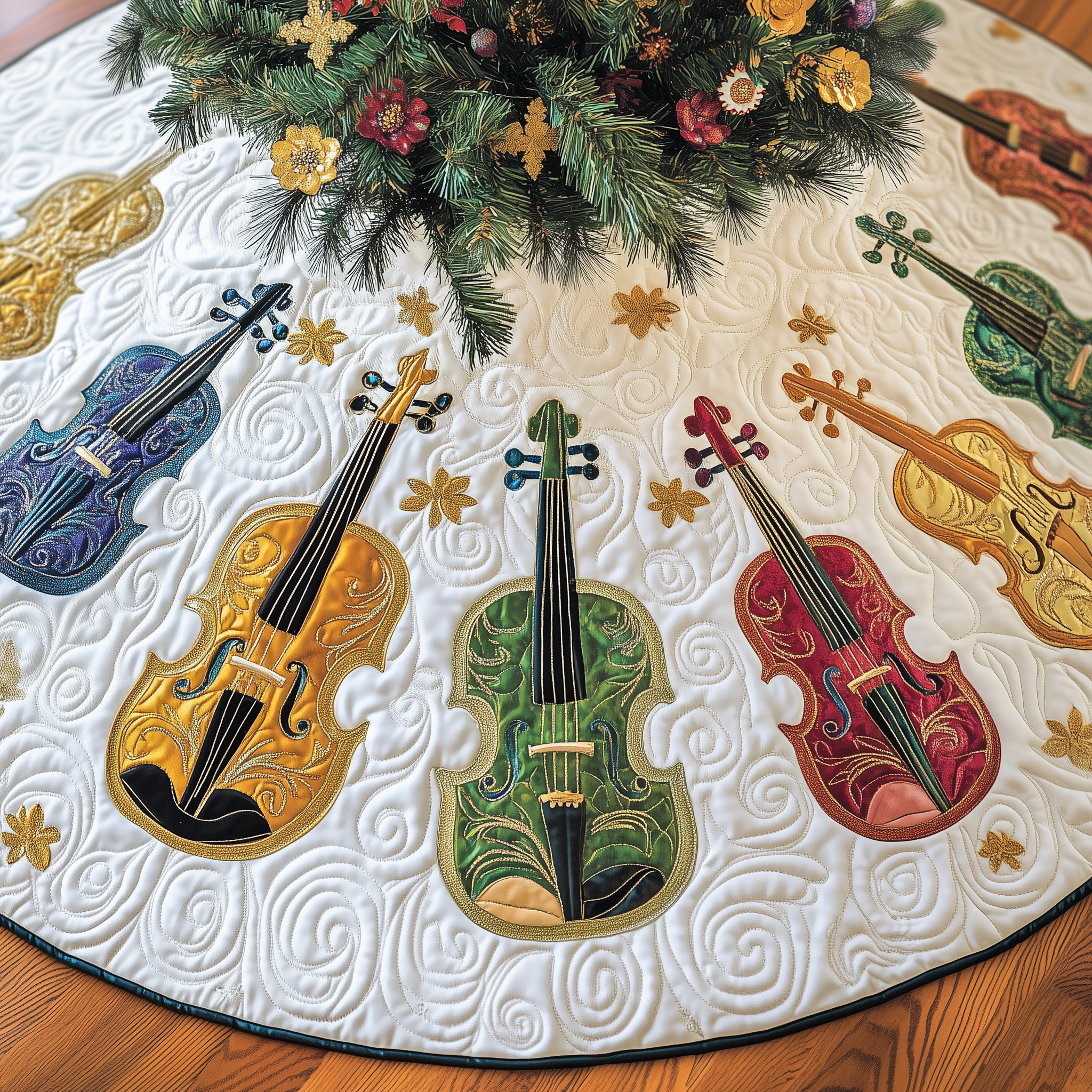 Christmas Elegant Violin Quilted Tree Skirt Unique Gift Merch For Friends