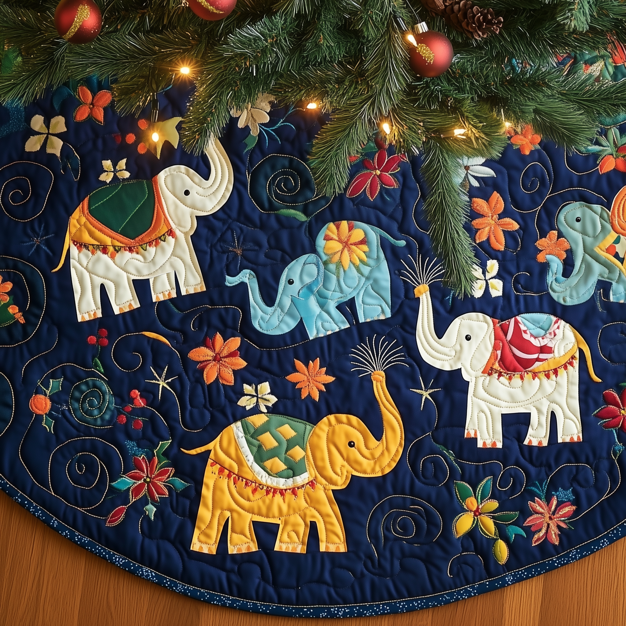 Christmas Elephant Quilted Tree Skirt Charming Holiday Home Merch