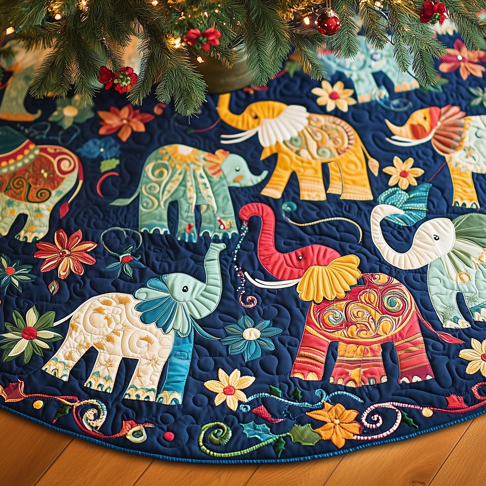 Christmas Elephant Quilted Tree Skirt Holiday Xmas Tree Base Decorations Presents For Elephant Lovers