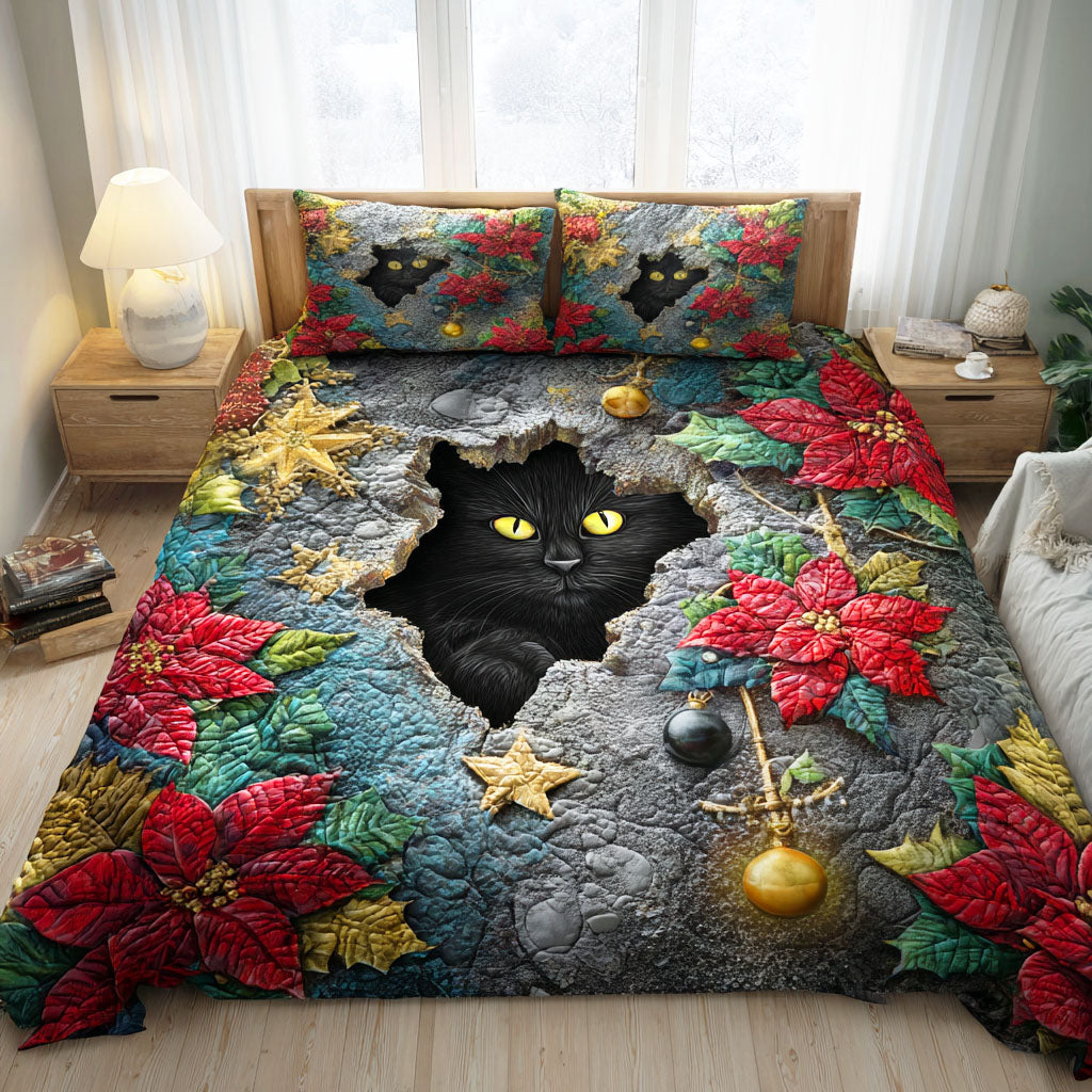 Christmas Eve Cat Quilted Bedding Set Best Christmas Duvet Cover Set Gifts For Black Cat Owners