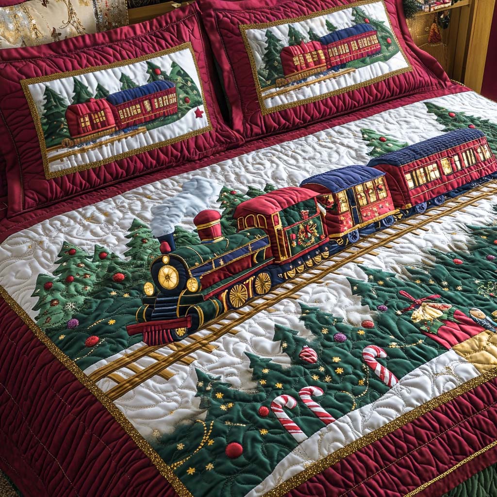 Christmas Eve Locomotive Quilted Bedding Set Holiday Duvet Cover Set Family Christmas Present Ideas