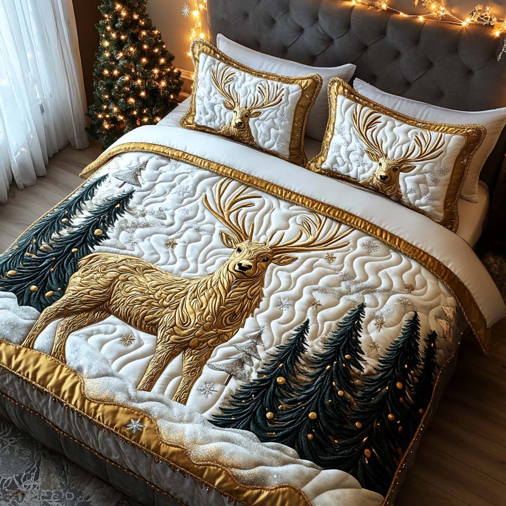 Christmas Eve Sentinel Quilted Bedding Set Holiday Season Duvet Cover Set Deer Gifts For Him