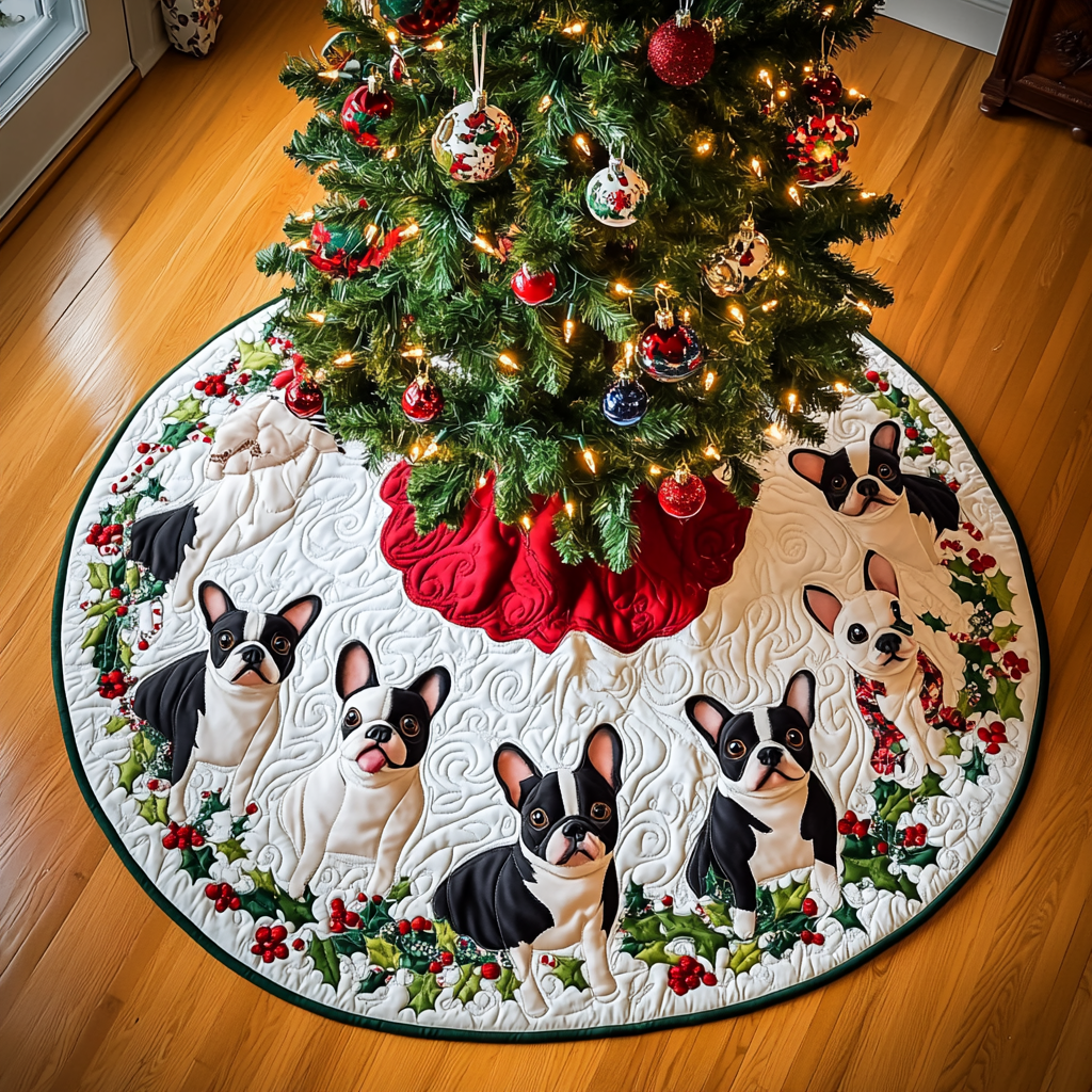 Christmas Eve With Boston Terrier Christmas Quilted Tree Skirt Xmas Under-Tree Decoration