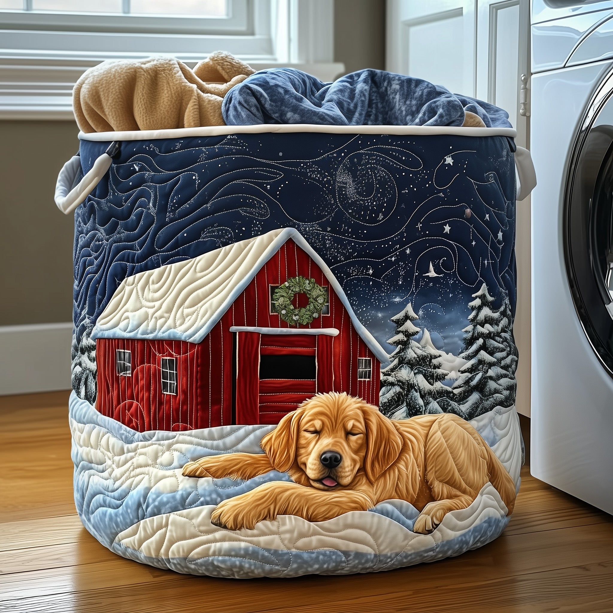 Christmas Farm Barn Quilted Laundry Basket Best Gifts For Dog Lovers