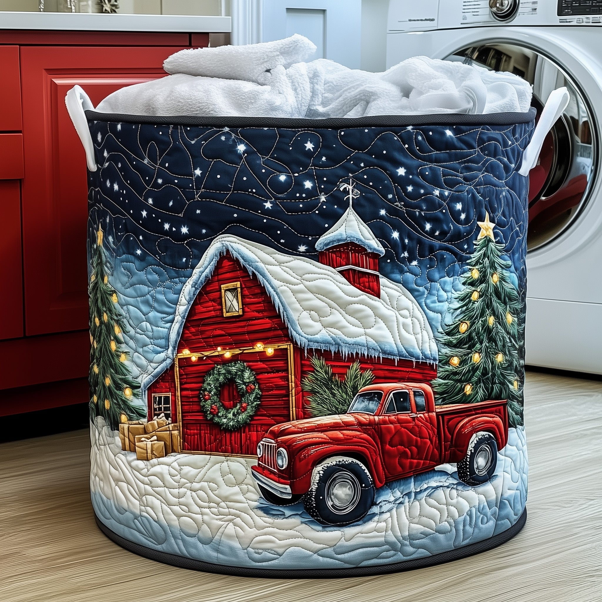 Christmas Farm Barn Quilted Laundry Basket Xmas Gifts For Farmers