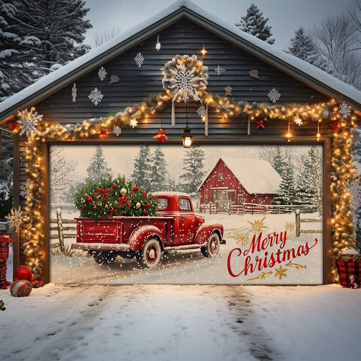 Christmas Farm Merry Christmas Garage Door Cover Red Truck With Tree Festival House Decoration