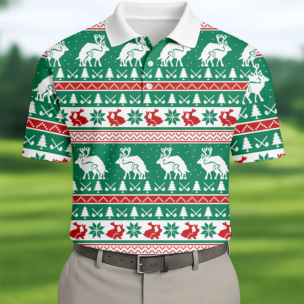 Christmas Festive Reindeer Snowflakes Christmas Golf Shirt Golf Gift For Men Golf Shirts For Men
