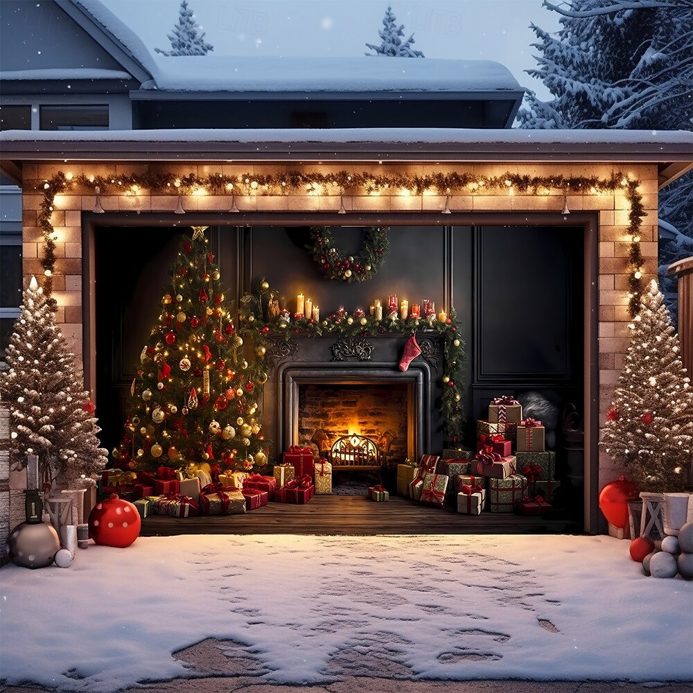 Christmas Fireplace Garage Door Cover Xmas Holiday Door Banner Decor Cozy Gifts For Mom
