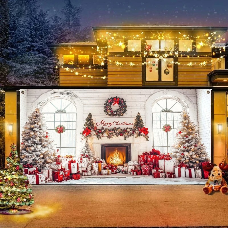 Christmas Fireplace Garage Door Cover Xmas Party Door Banner Decor Gifts For Brother