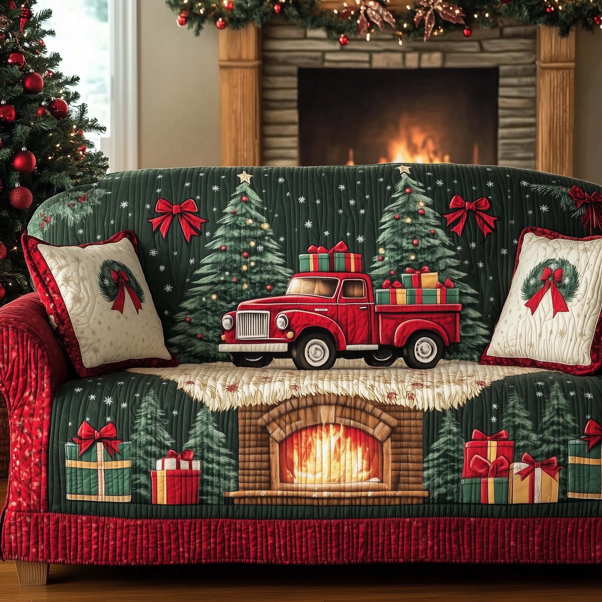 Christmas Fireplace Quilted Sofa Cover Cozy Fireplace Scene Sofa Good Gifts For Family