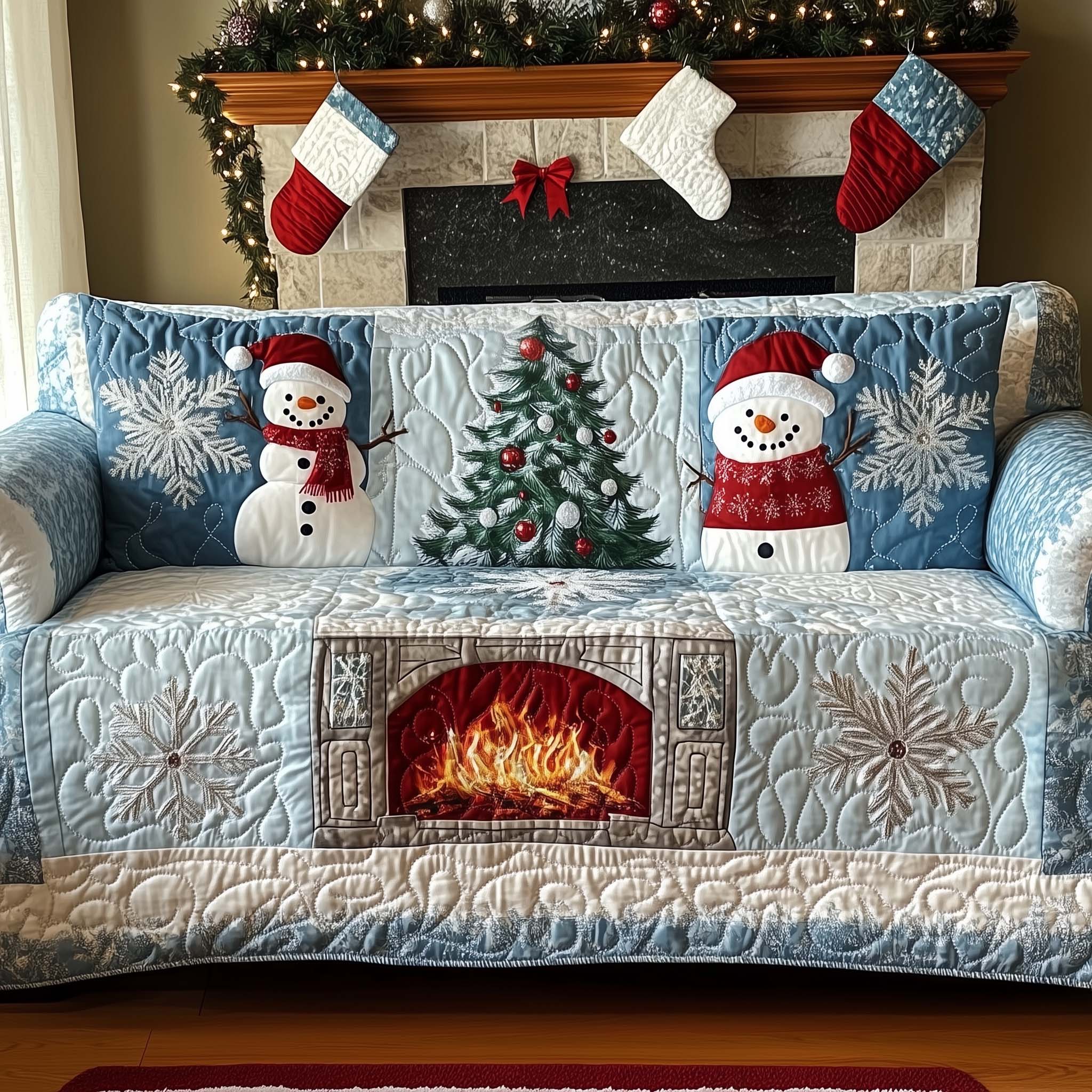 Christmas Fireplace Quilted Sofa Cover Cozy Holiday Hearth Scene Protector Good Gifts For Family