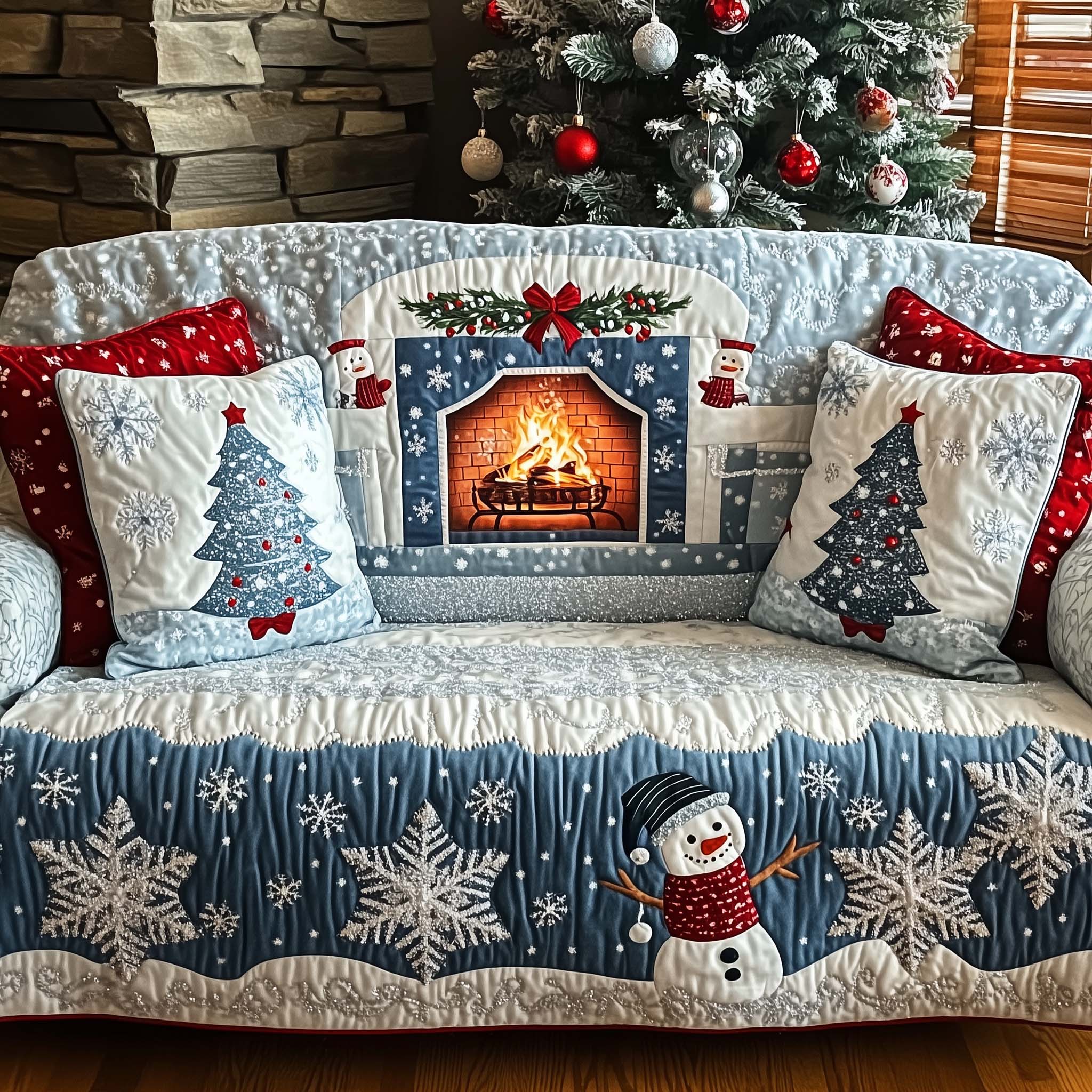 Christmas Fireplace Quilted Sofa Cover Festive Mantle Decor Sofa Slipcover Good Gifts For Family