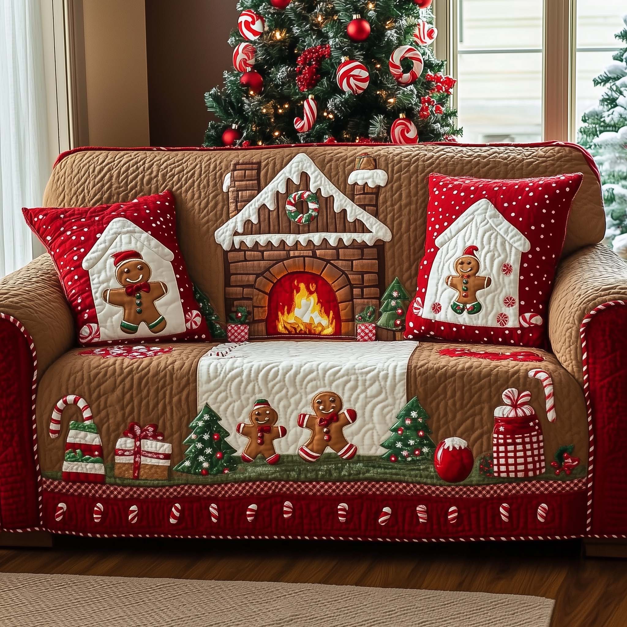 Christmas Fireplace Quilted Sofa Cover Glow Fireplace Anti-Slip Good Gifts For Parents