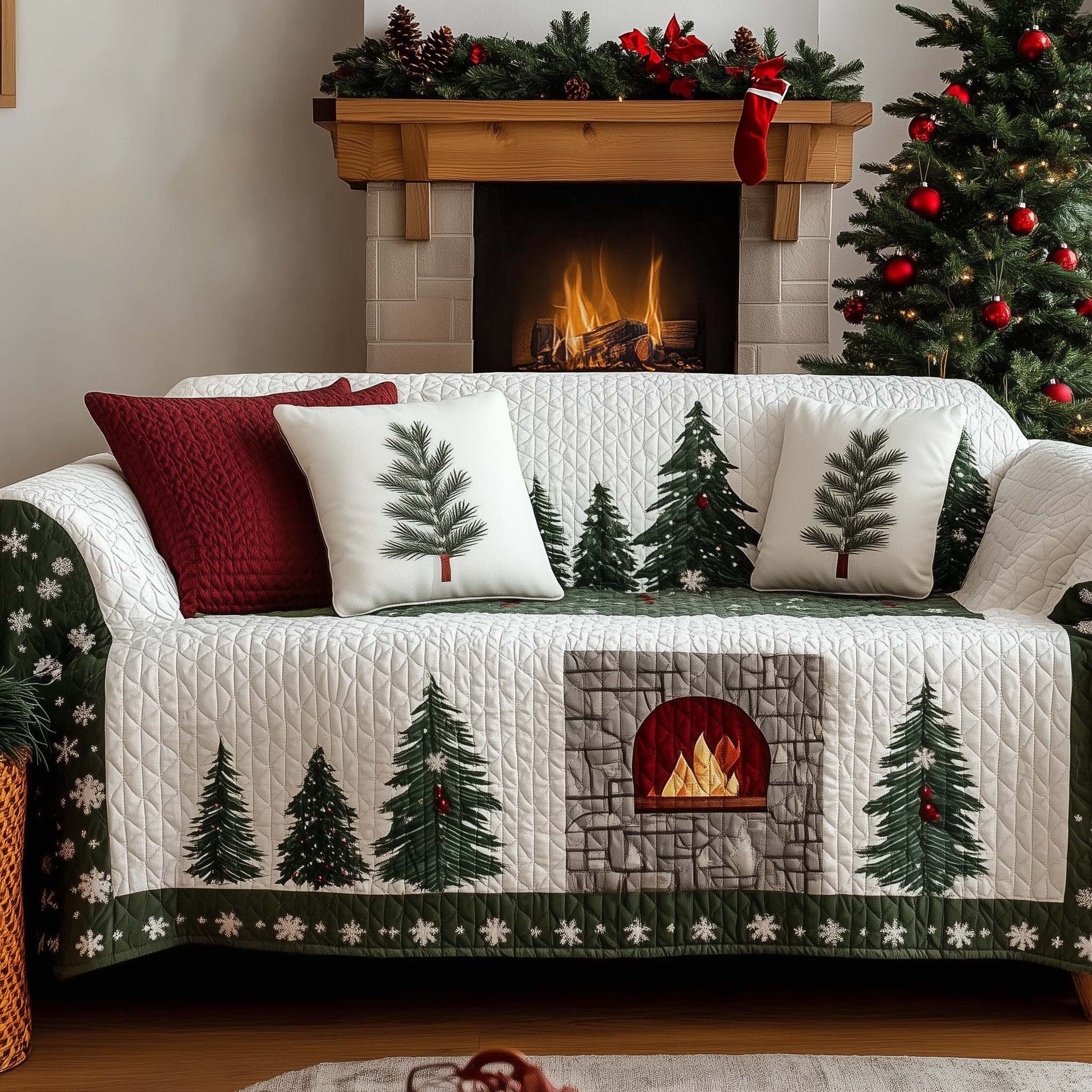 Christmas Fireplace Quilted Sofa Cover Home For the Holidays Camping Themed Gifts For Parents