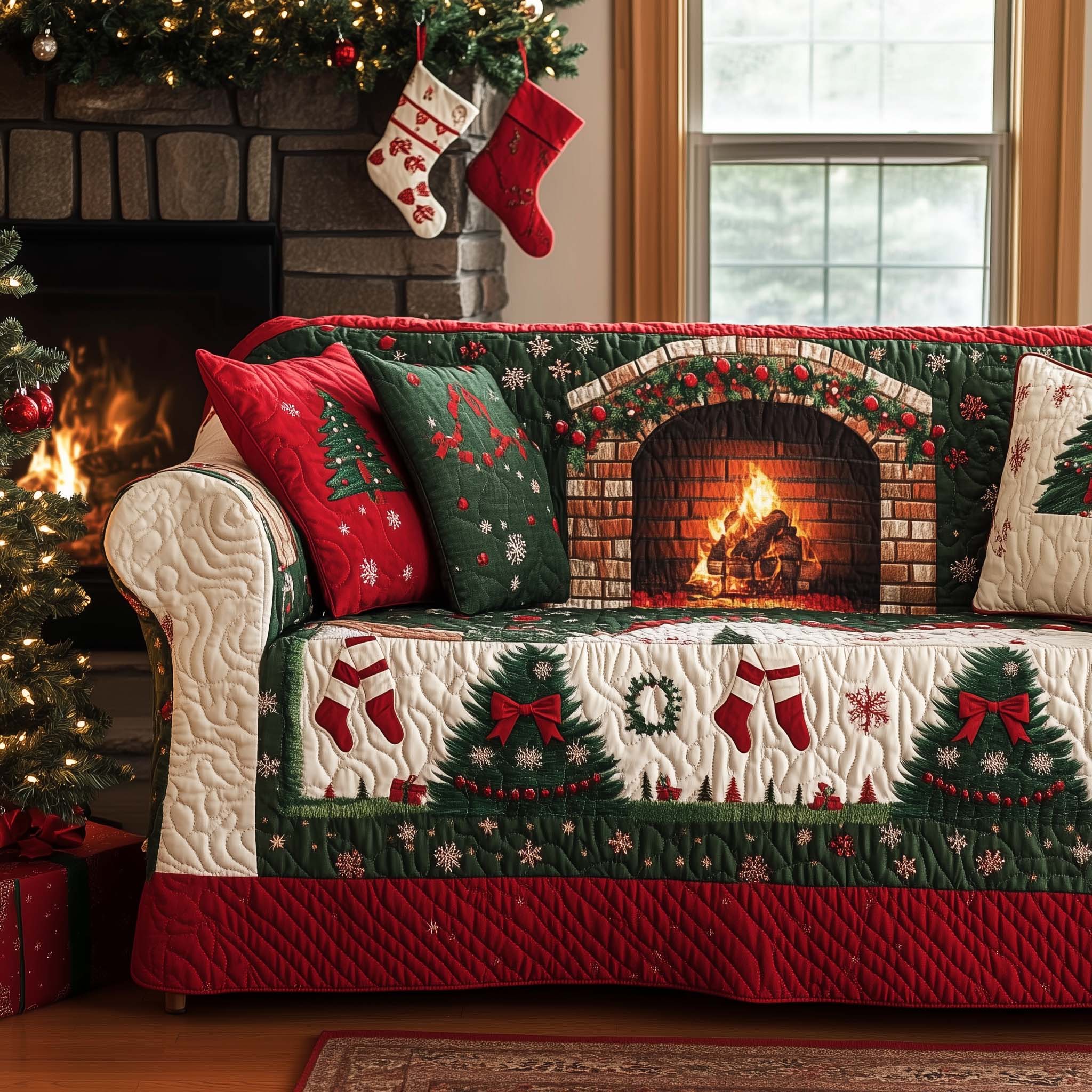 Christmas Fireplace Quilted Sofa Cover Snuggle By the Fire Sofa Protector Good Gifts
