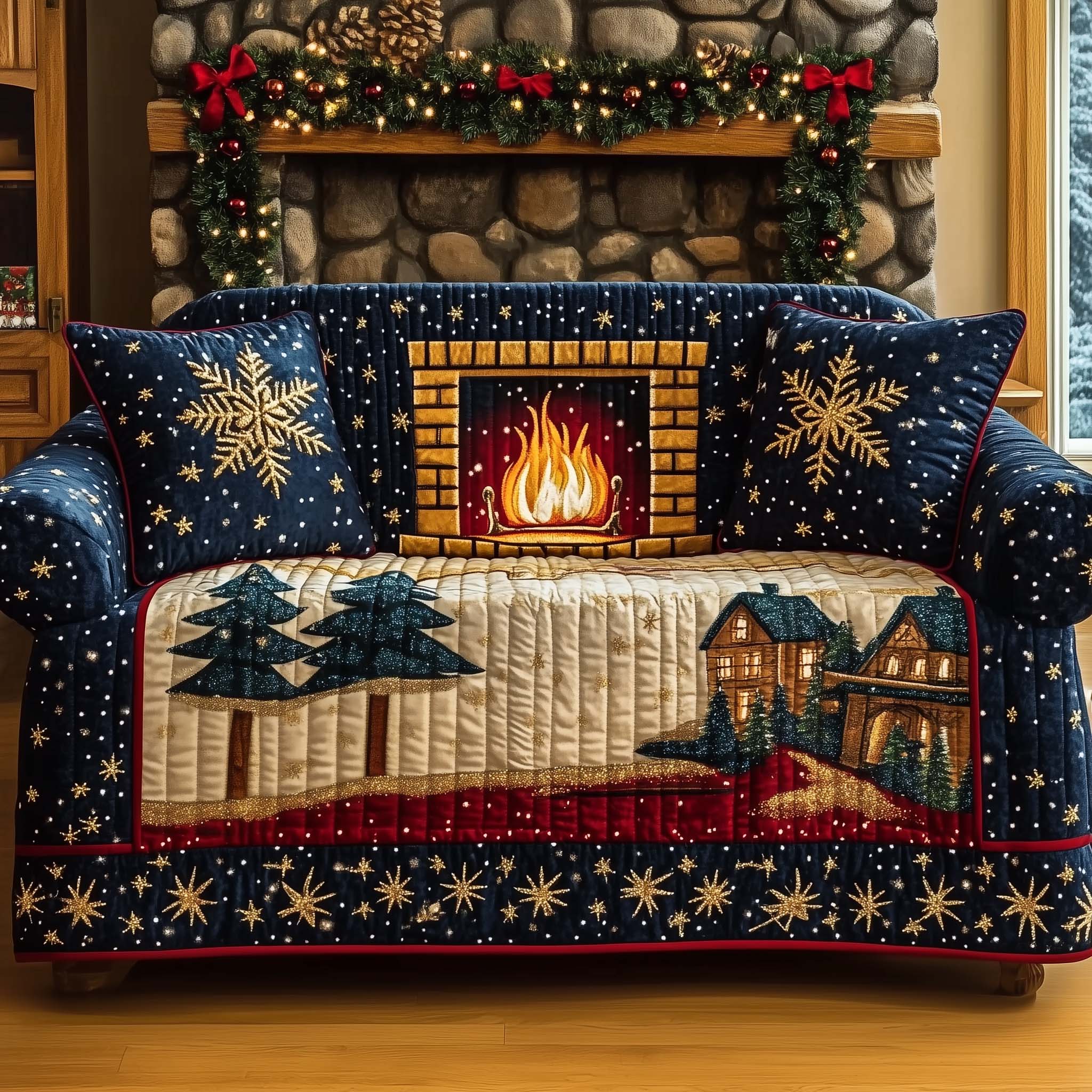 Christmas Fireplace Quilted Sofa Cover Winter Ambiance Fireplace Cover Good Gifts For Family